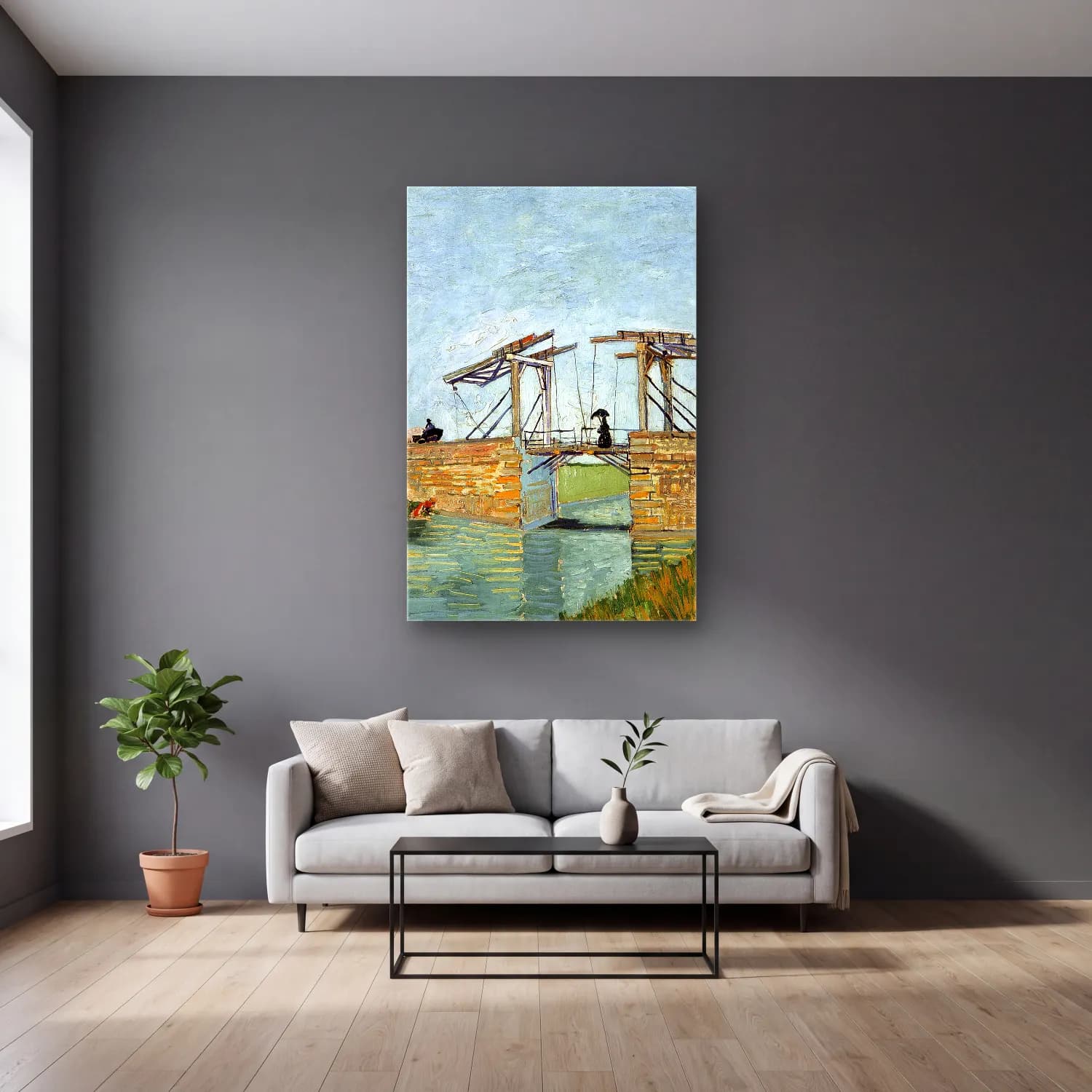 Vincent van Gogh – Langlois Bridge at Arles cam tablo — gri duvarlı salonda