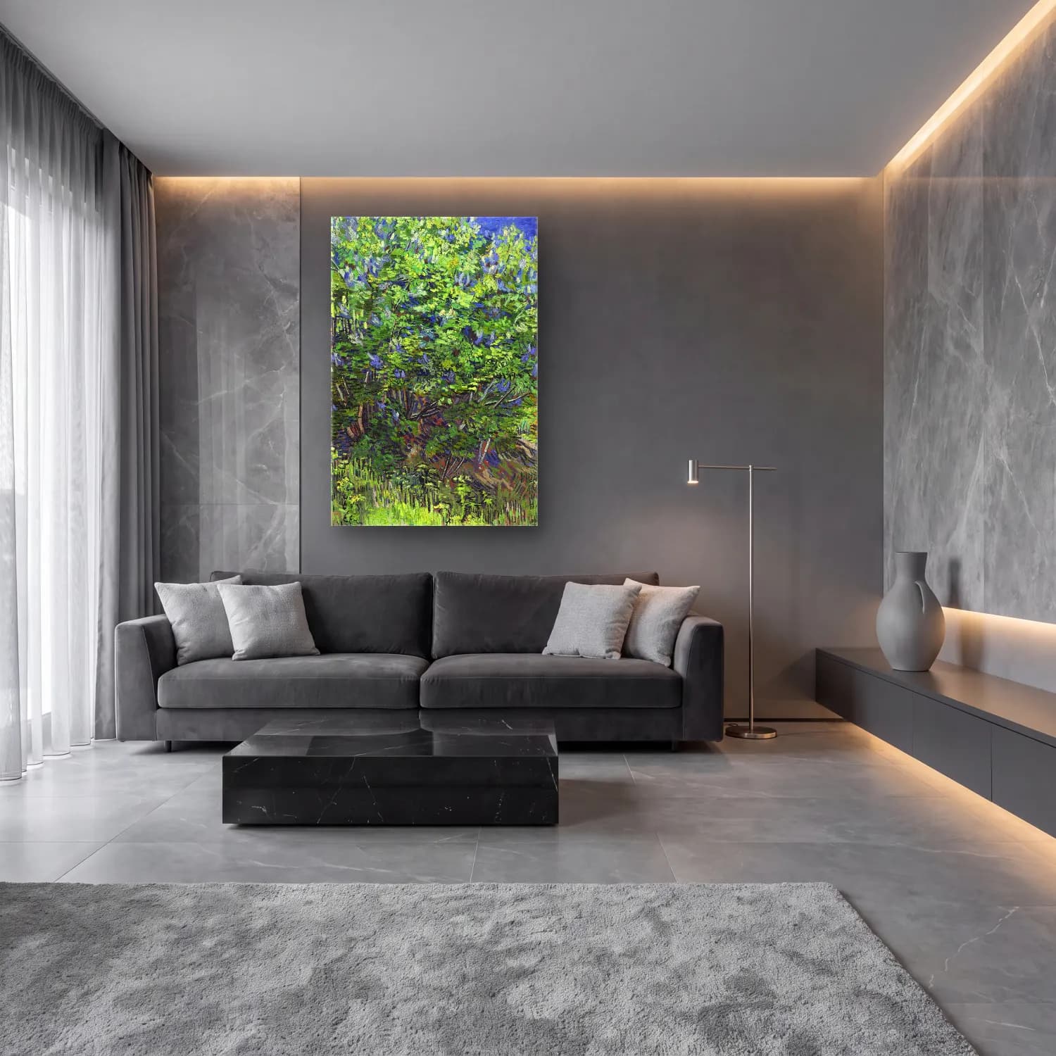 Vincent van Gogh – Lilac Bush cam tablo — lüks salon duvarında
