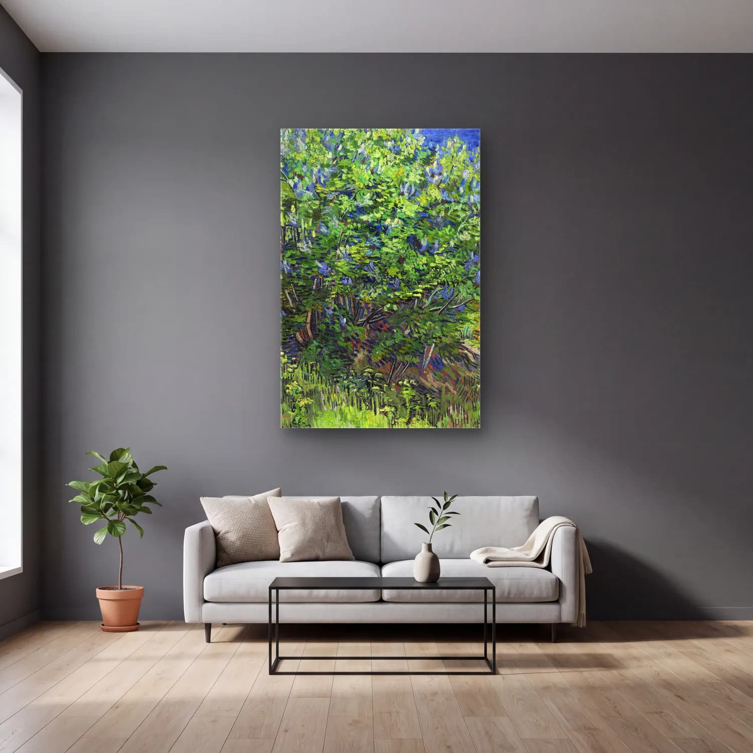 Vincent van Gogh – Lilac Bush cam tablo — gri duvarlı salonda
