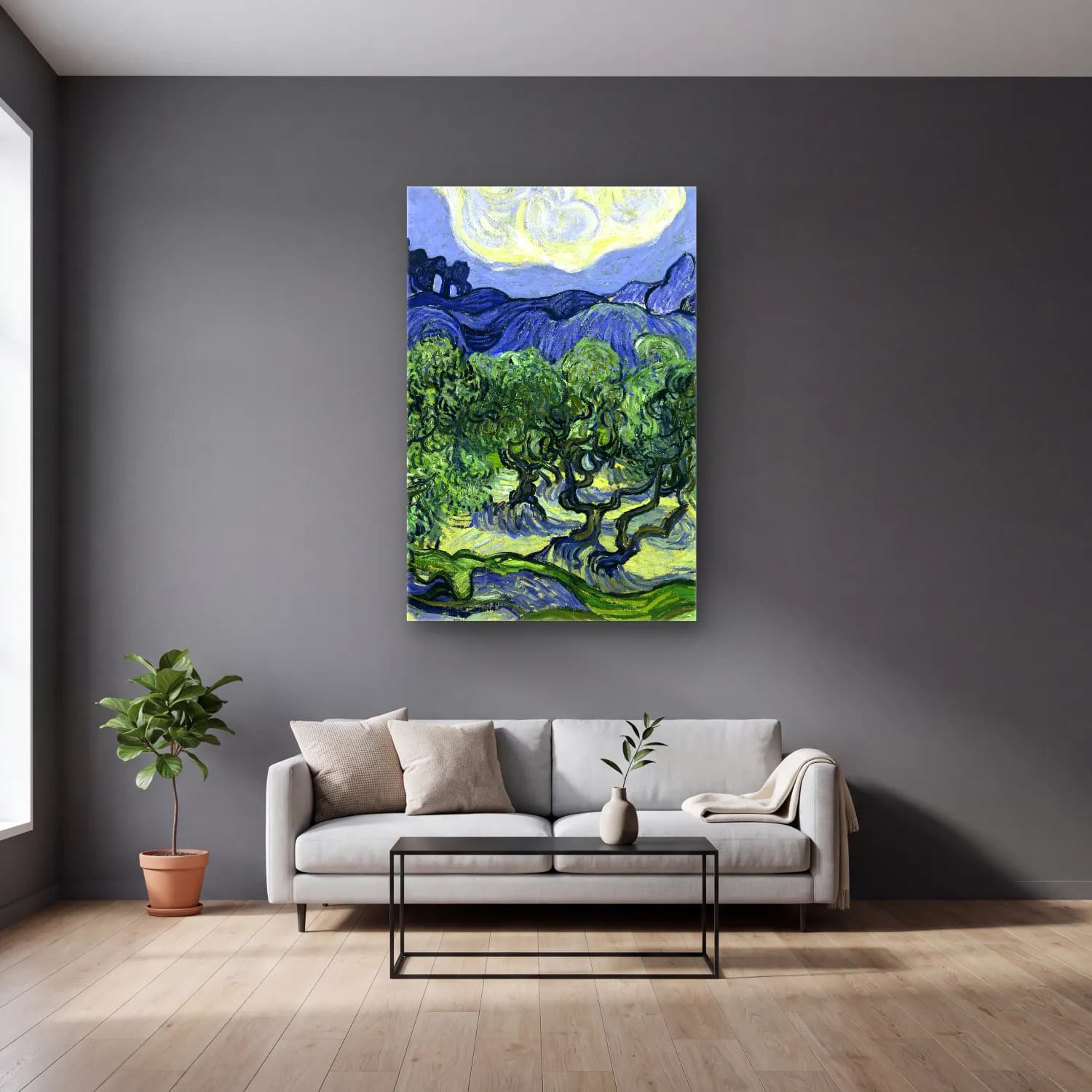 Vincent van Gogh – Olive Trees with the Alpilles in the Background cam tablo — gri duvarlı salonda