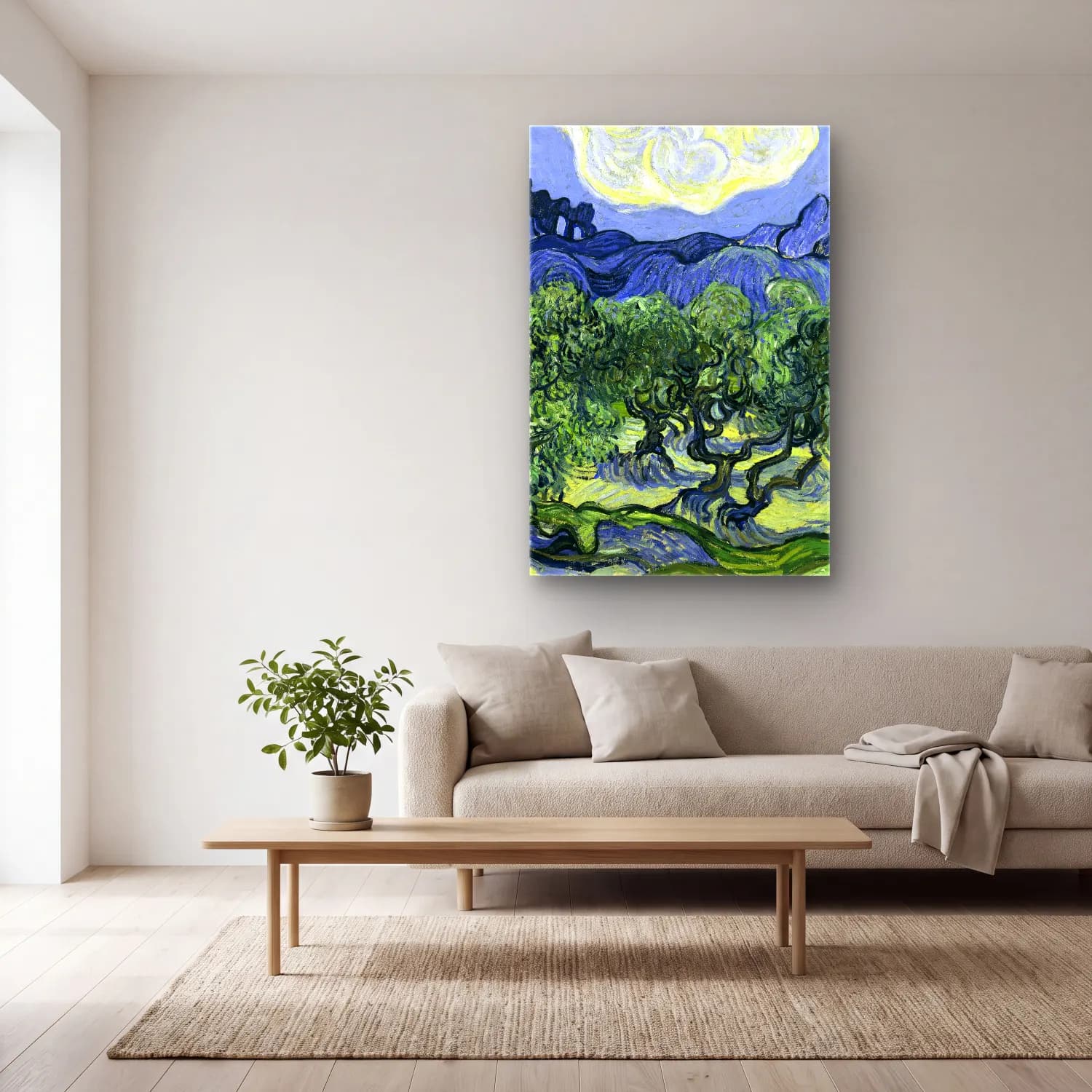 Vincent van Gogh – Olive Trees with the Alpilles in the Background cam tablo — açık renk salonda