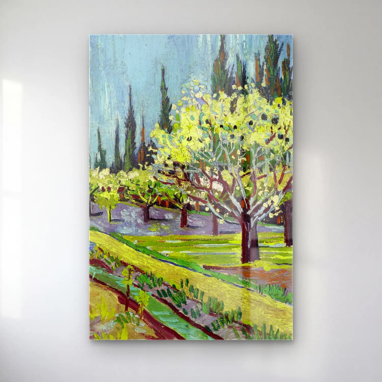 Vincent van Gogh – Orchard Bordered cam tablo — Vincent van Gogh – Orchard Bordered — empresyonist kiraz çiçekleri