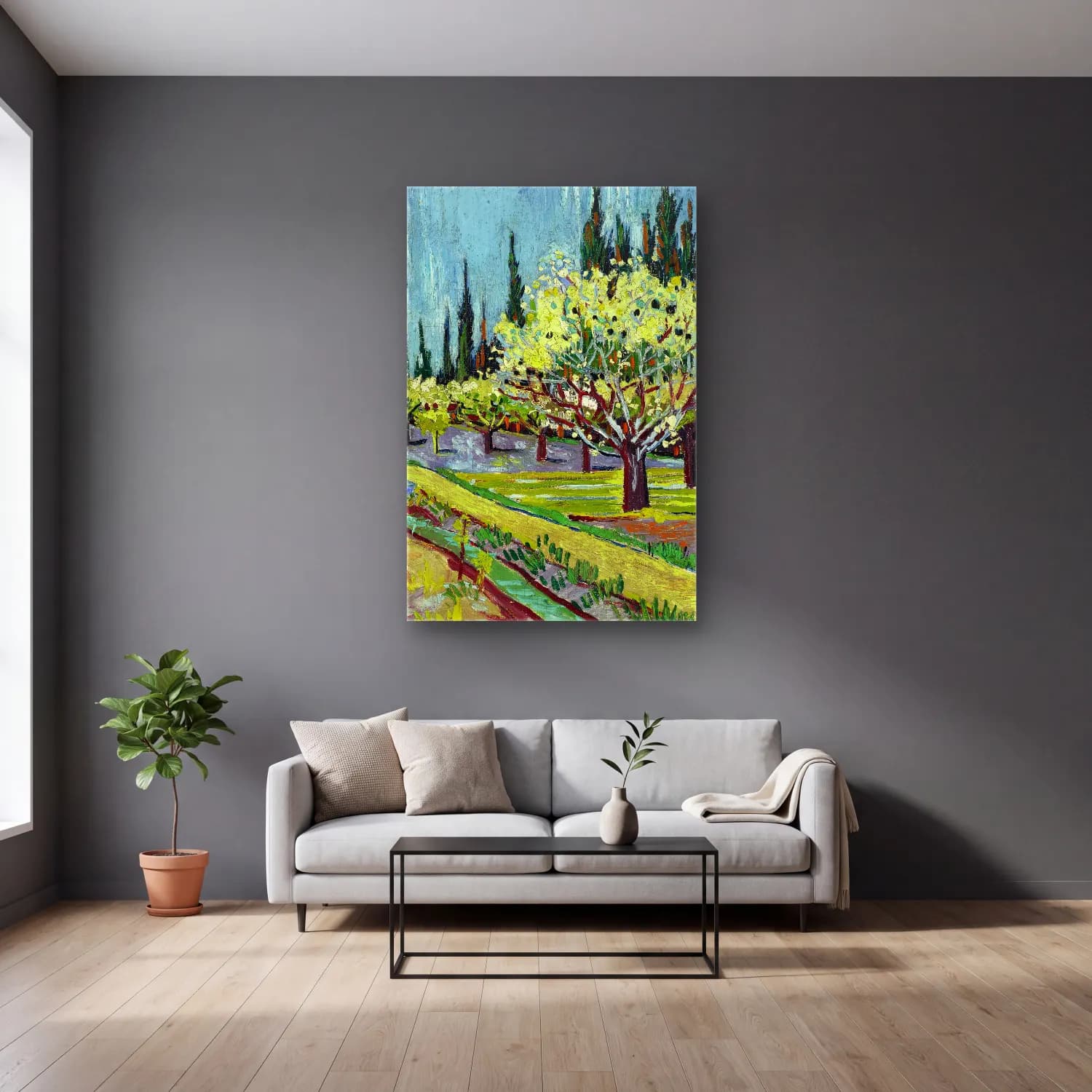 Vincent van Gogh – Orchard Bordered cam tablo — gri duvarlı salonda