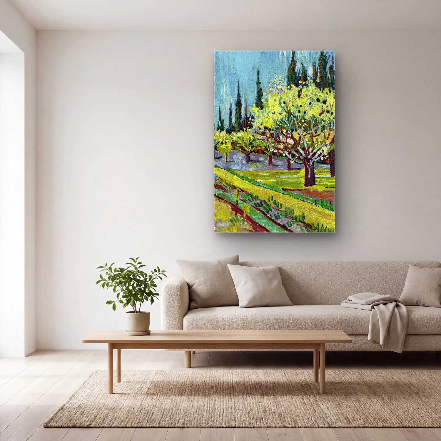 Vincent van Gogh – Orchard Bordered cam tablo — açık renk salonda