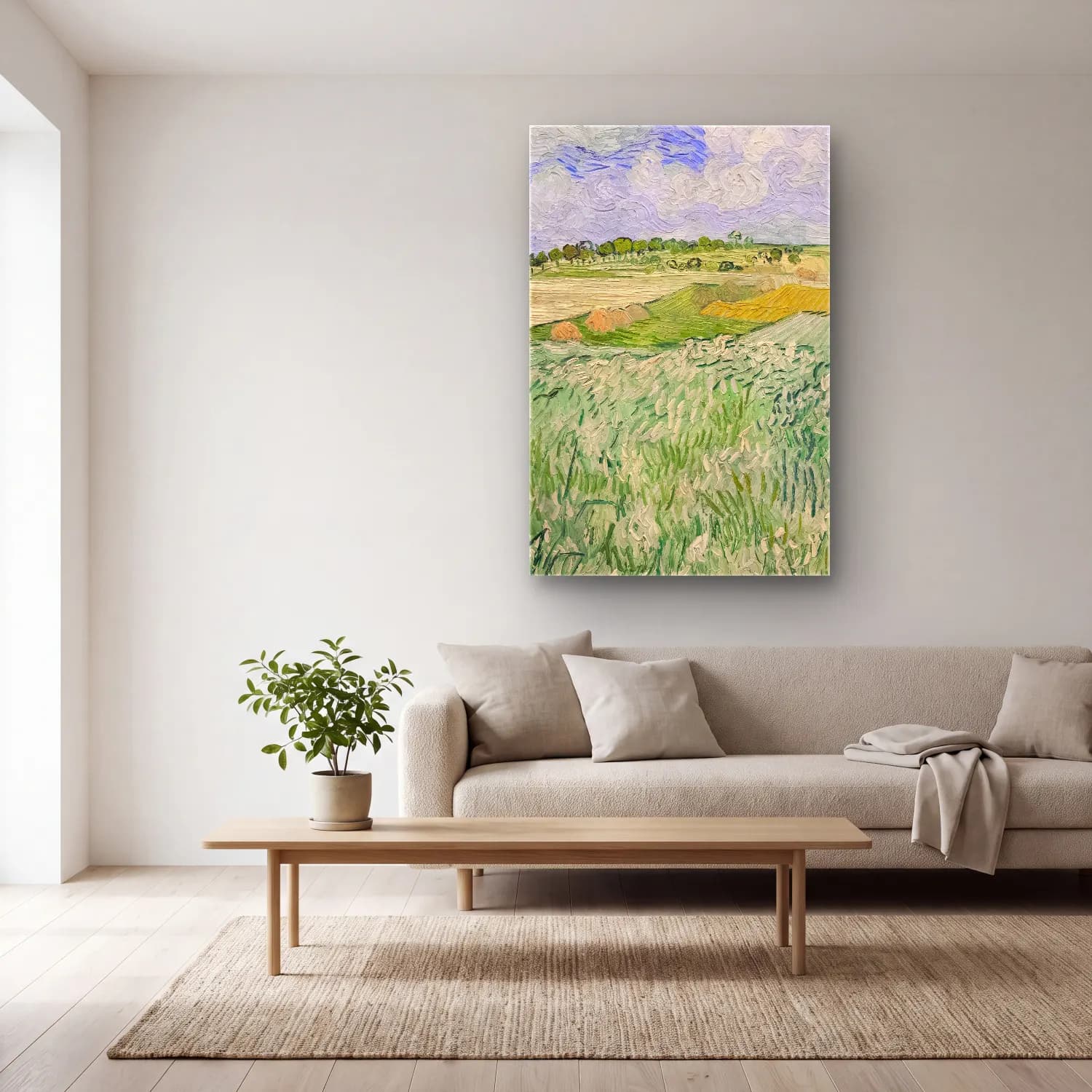 Vincent van Gogh – Plain near Auvers cam tablo — açık renk salonda