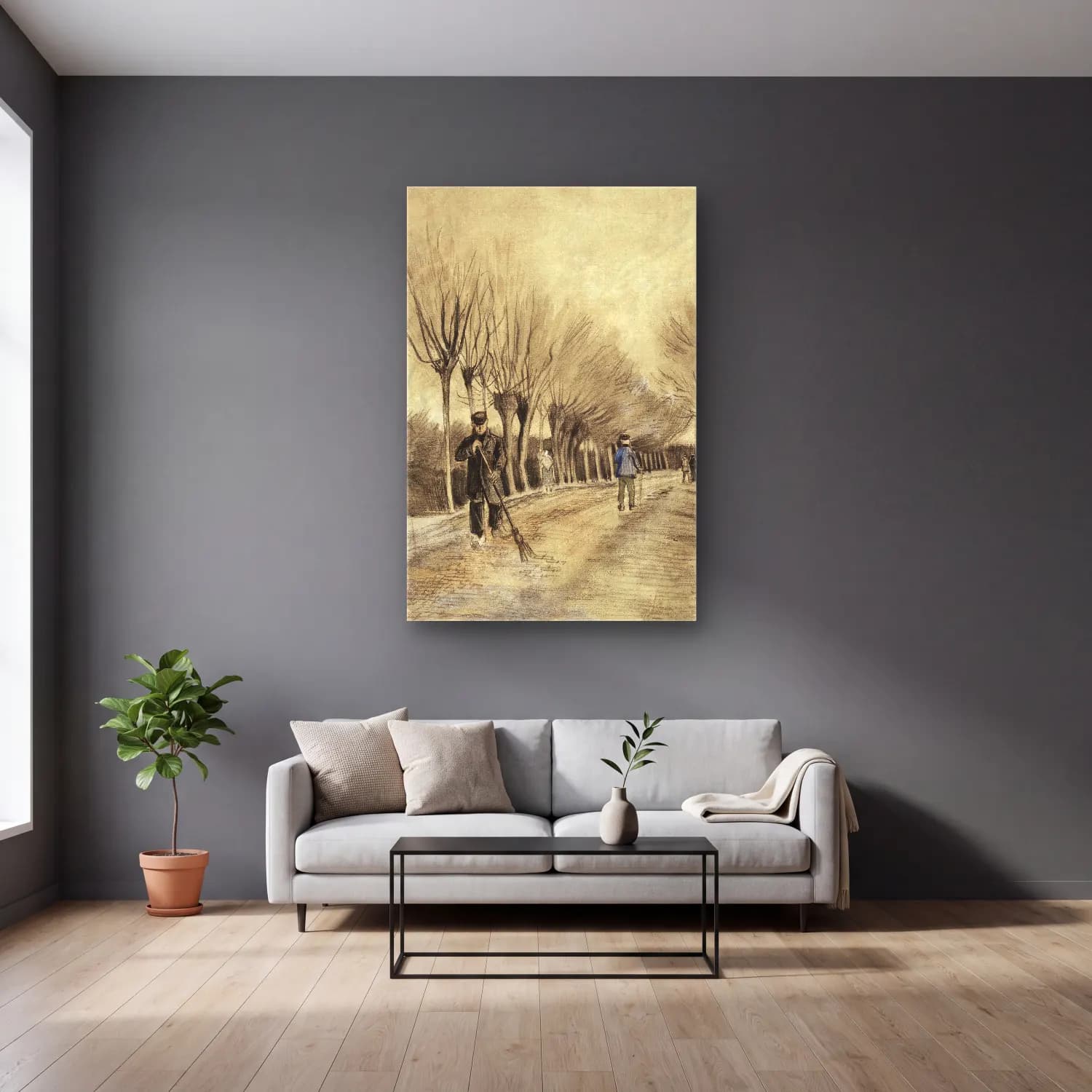 Vincent van Gogh – Road in Etten cam tablo — gri duvarlı salonda