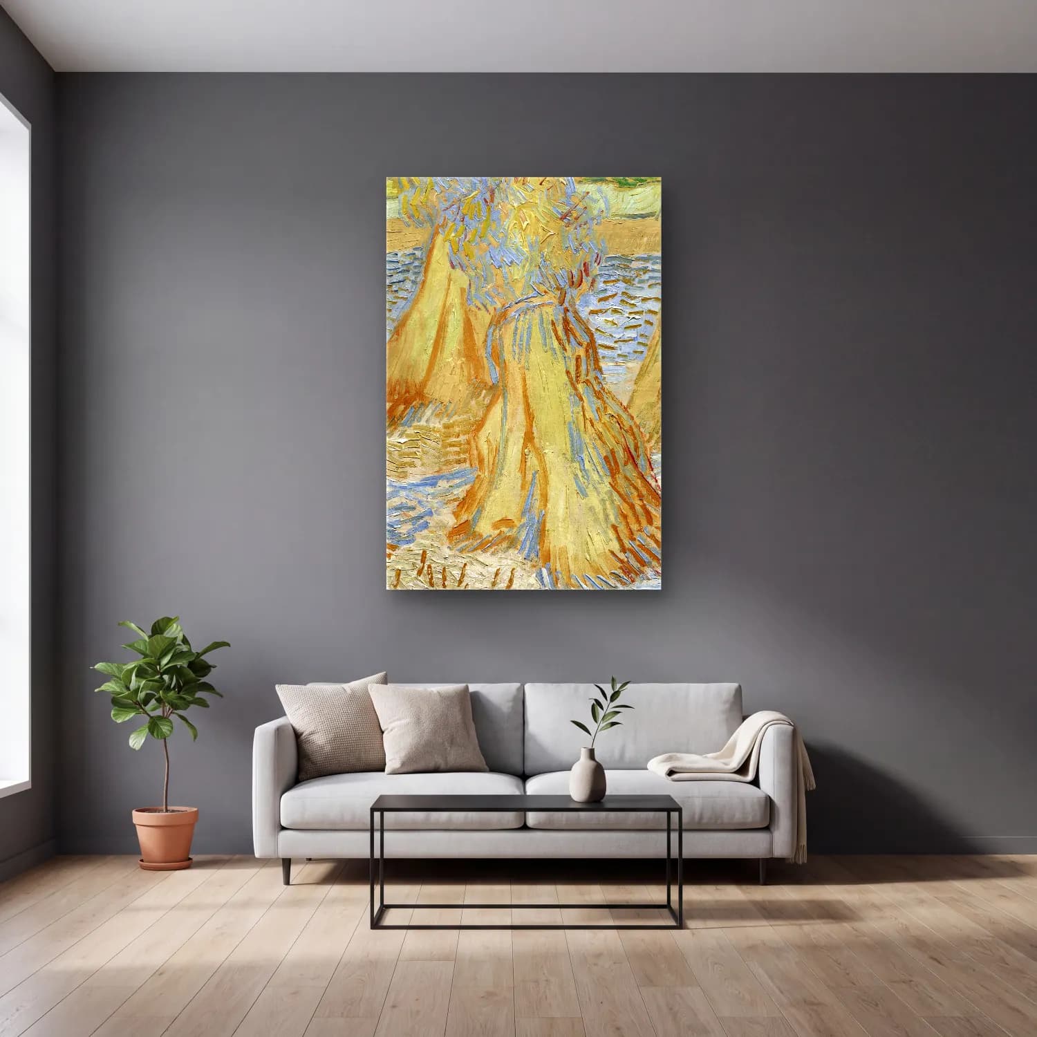 Vincent van Gogh – Sheaves of Wheat cam tablo — gri duvarlı salonda