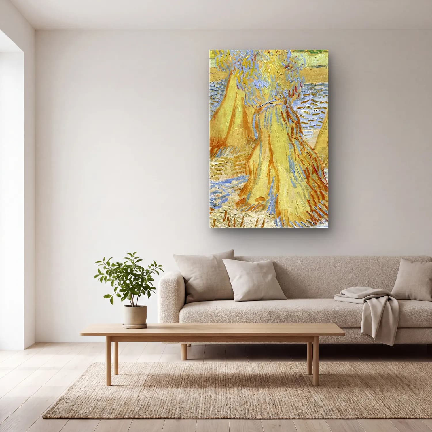 Vincent van Gogh – Sheaves of Wheat cam tablo — açık renk salonda