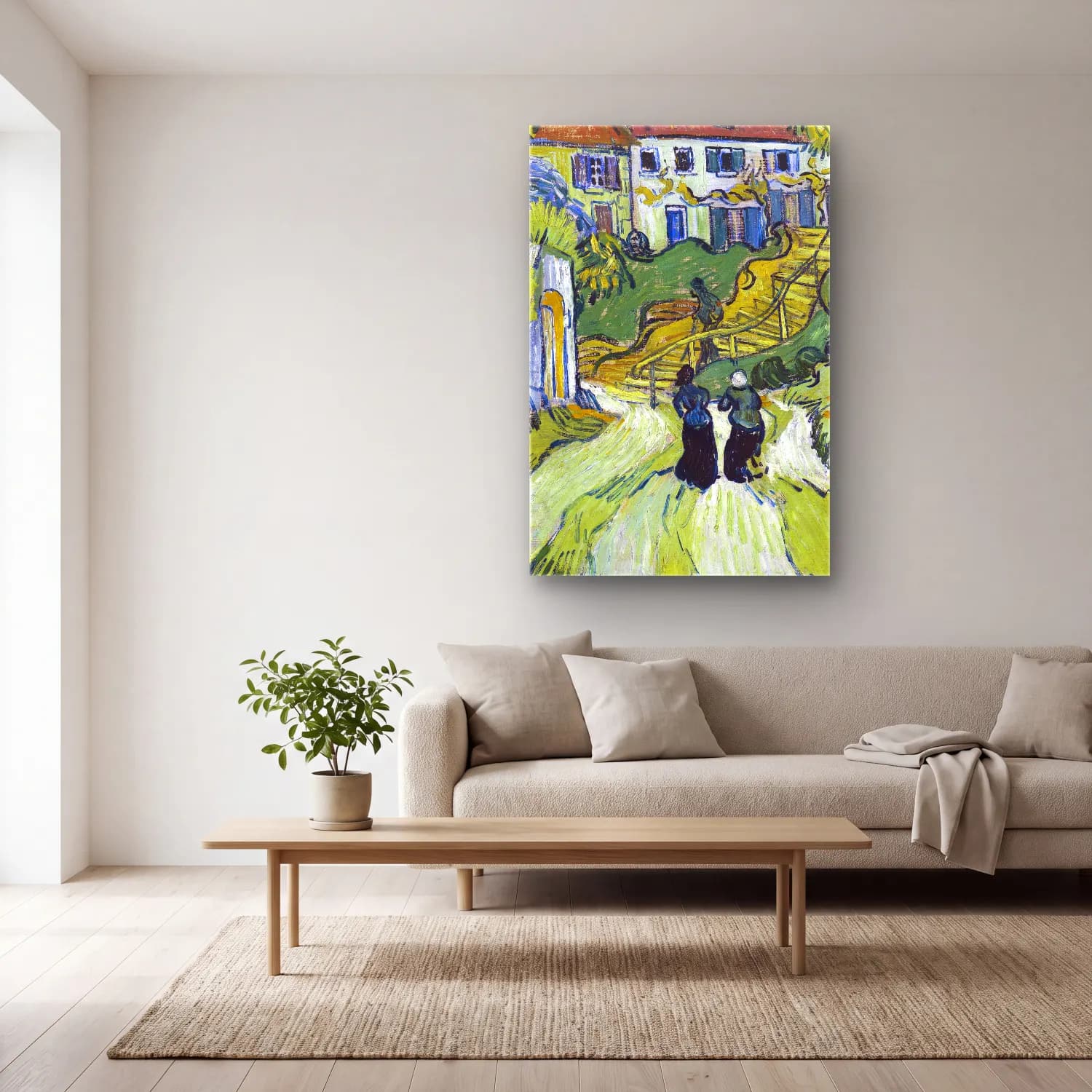 Vincent van Gogh – Stairway at Auvers cam tablo — açık renk salonda