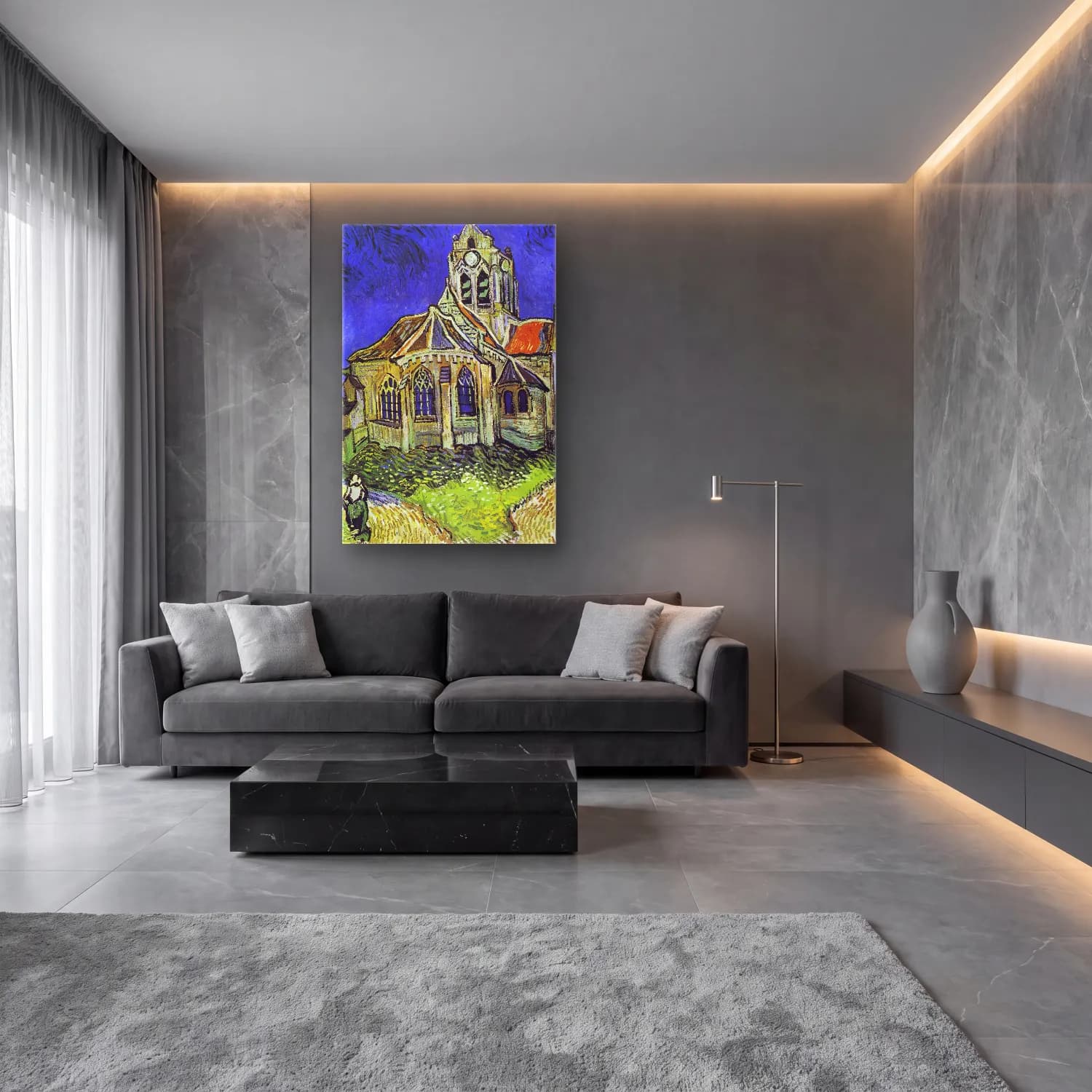 Vincent van Gogh – The Church at Auvers cam tablo — lüks salon duvarında