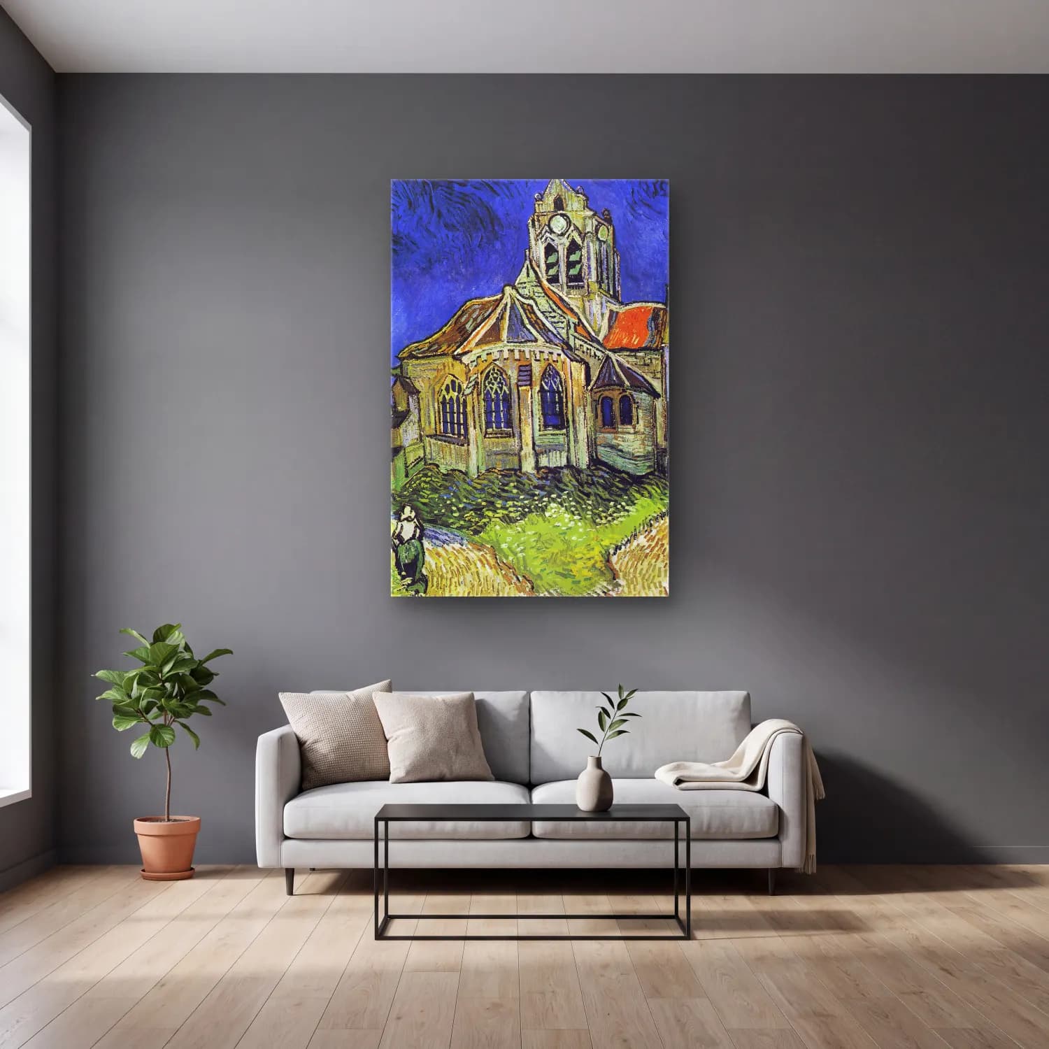 Vincent van Gogh – The Church at Auvers cam tablo — gri duvarlı salonda