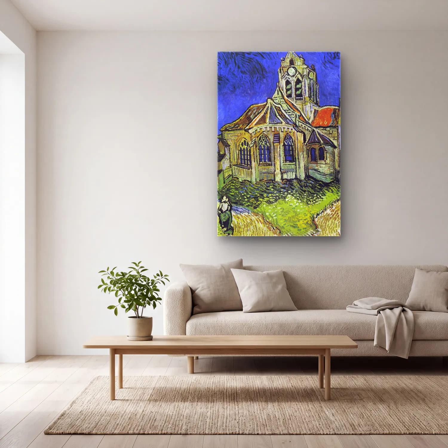 Vincent van Gogh – The Church at Auvers cam tablo — açık renk salonda