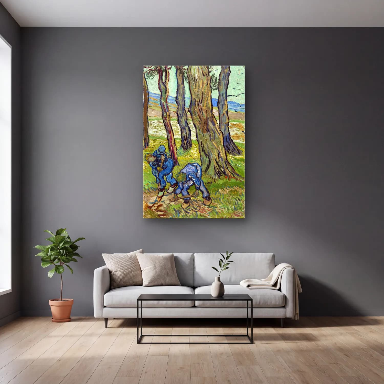 Vincent van Gogh – The Diggers cam tablo — gri duvarlı salonda