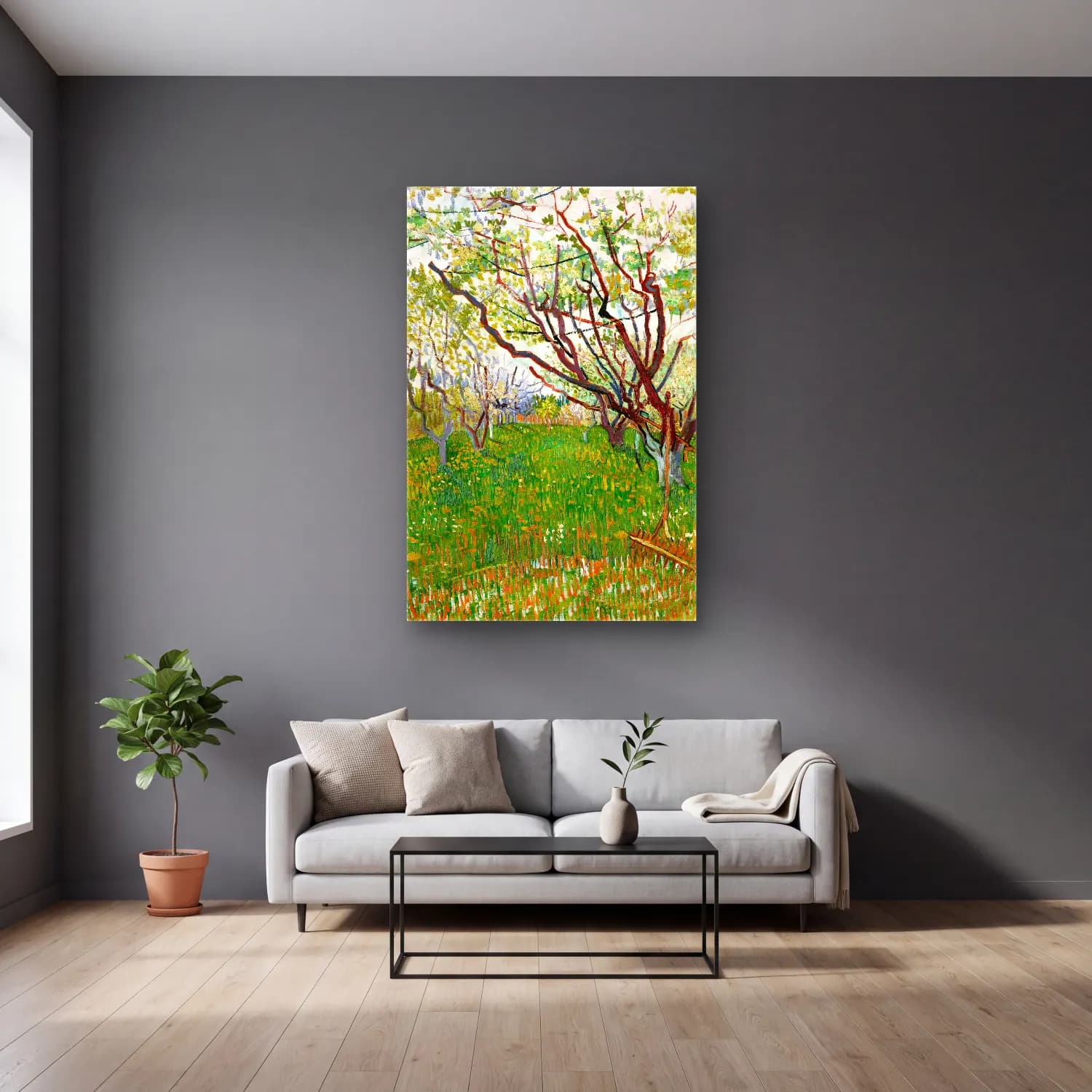 Vincent van Gogh – The Flowering Orchard cam tablo — gri duvarlı salonda