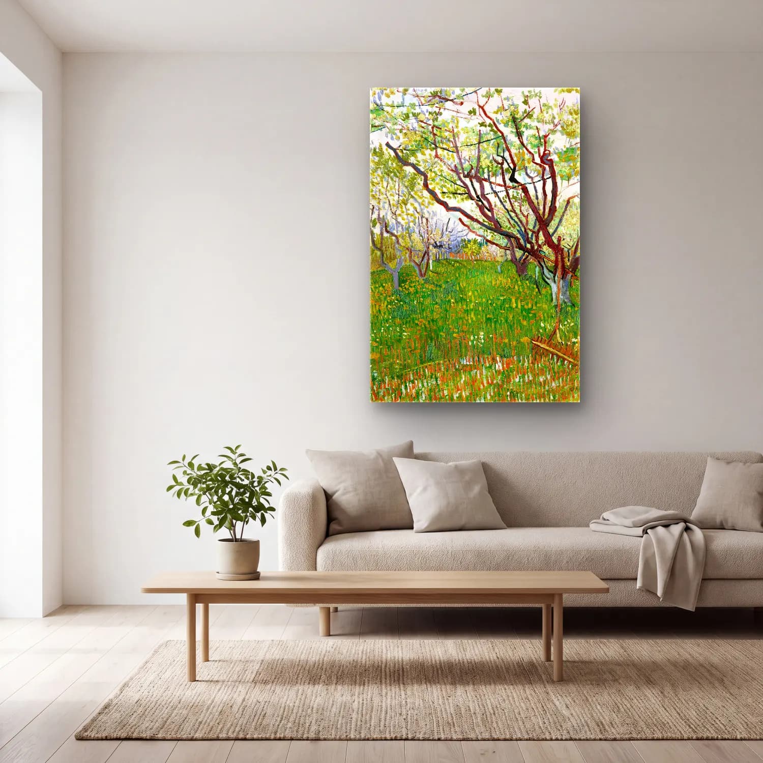 Vincent van Gogh – The Flowering Orchard cam tablo — açık renk salonda