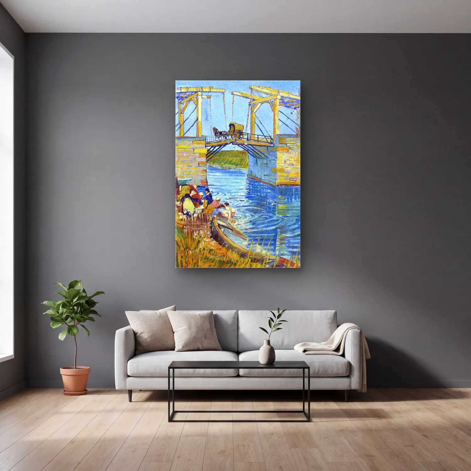 Vincent van Gogh – The Langlois Bridge at Arles with Women Washing cam tablo — gri duvarlı salonda