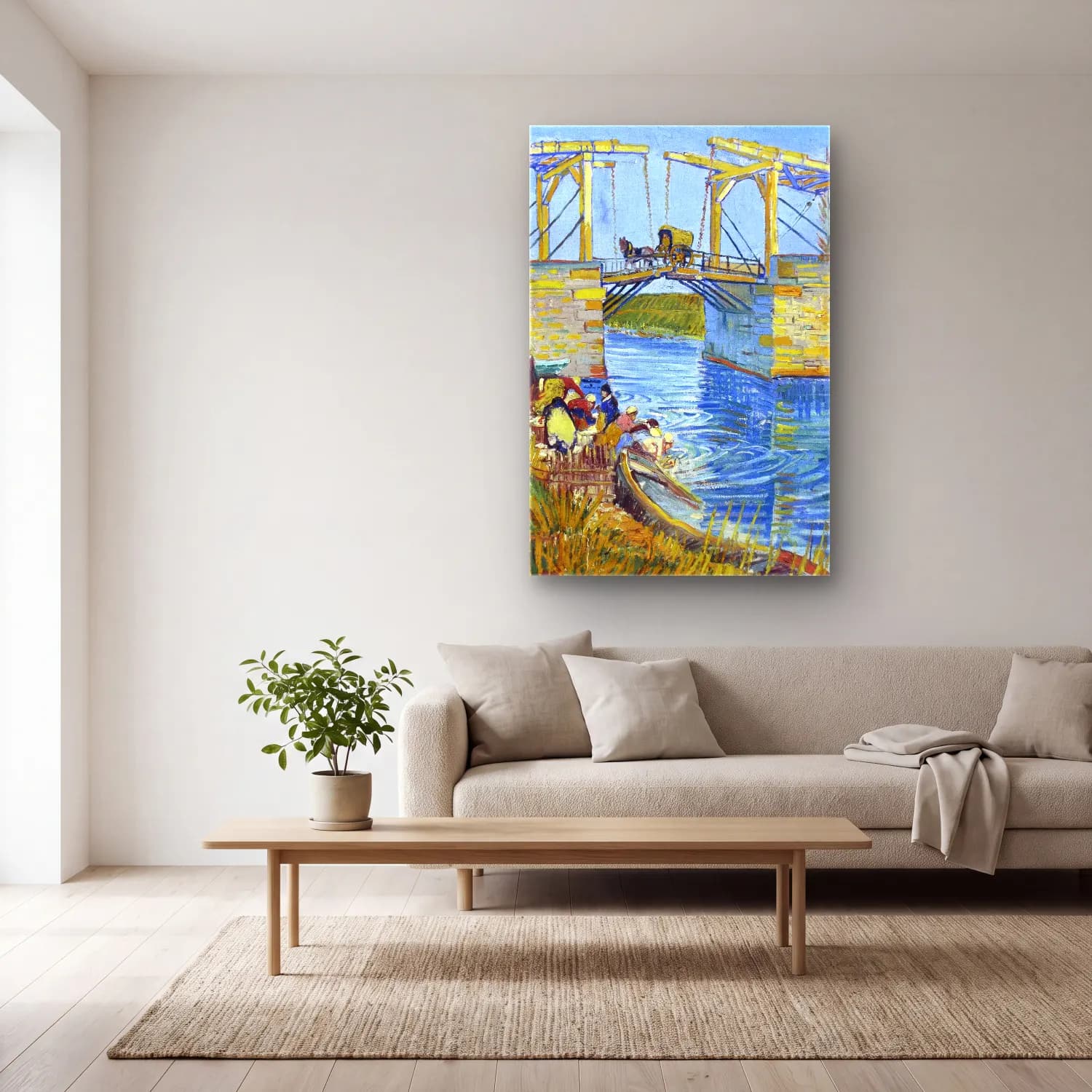 Vincent van Gogh – The Langlois Bridge at Arles with Women Washing cam tablo — açık renk salonda