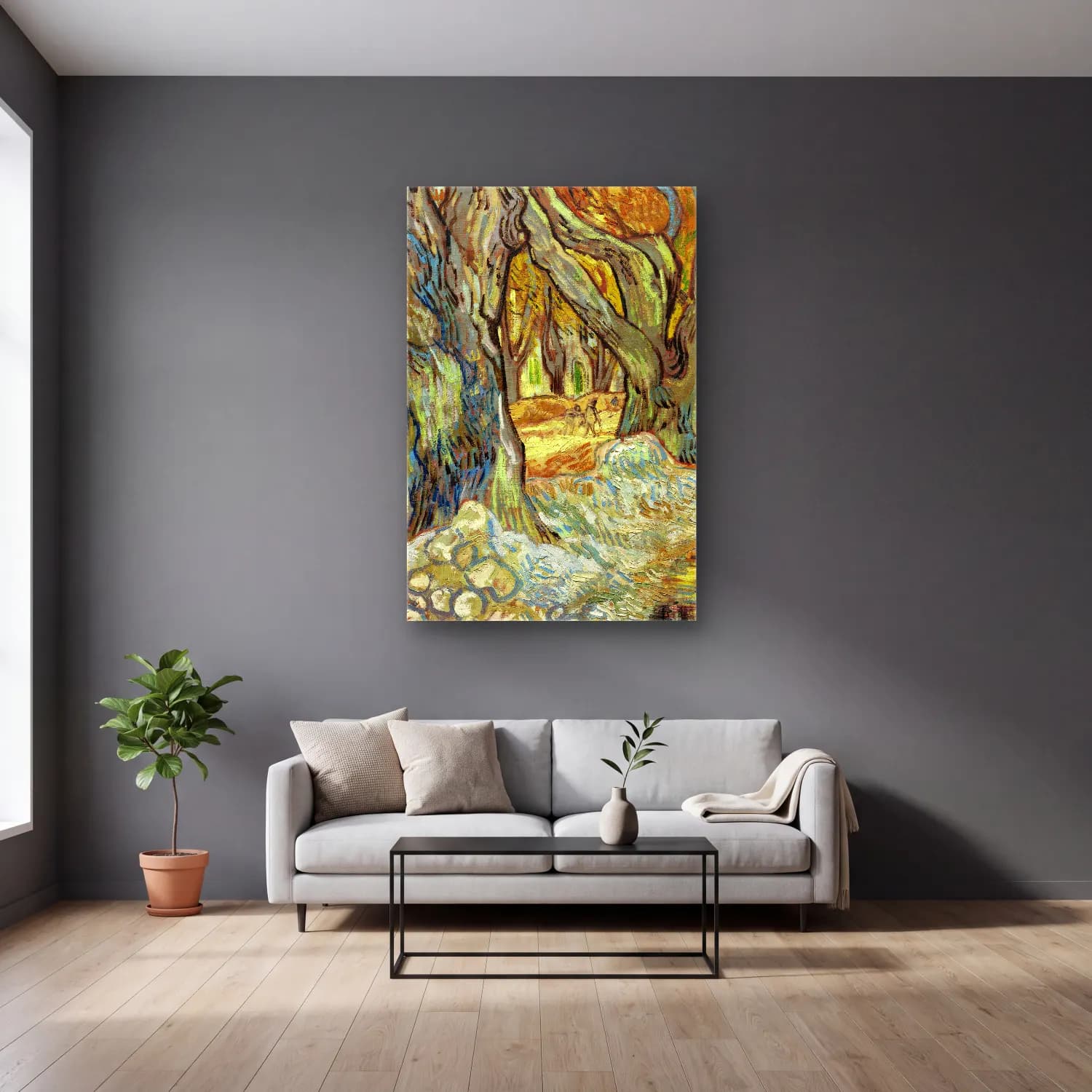 Vincent van Gogh – The Large Plane Trees (Road Menders at Saint-Rémy) cam tablo — gri duvarlı salonda