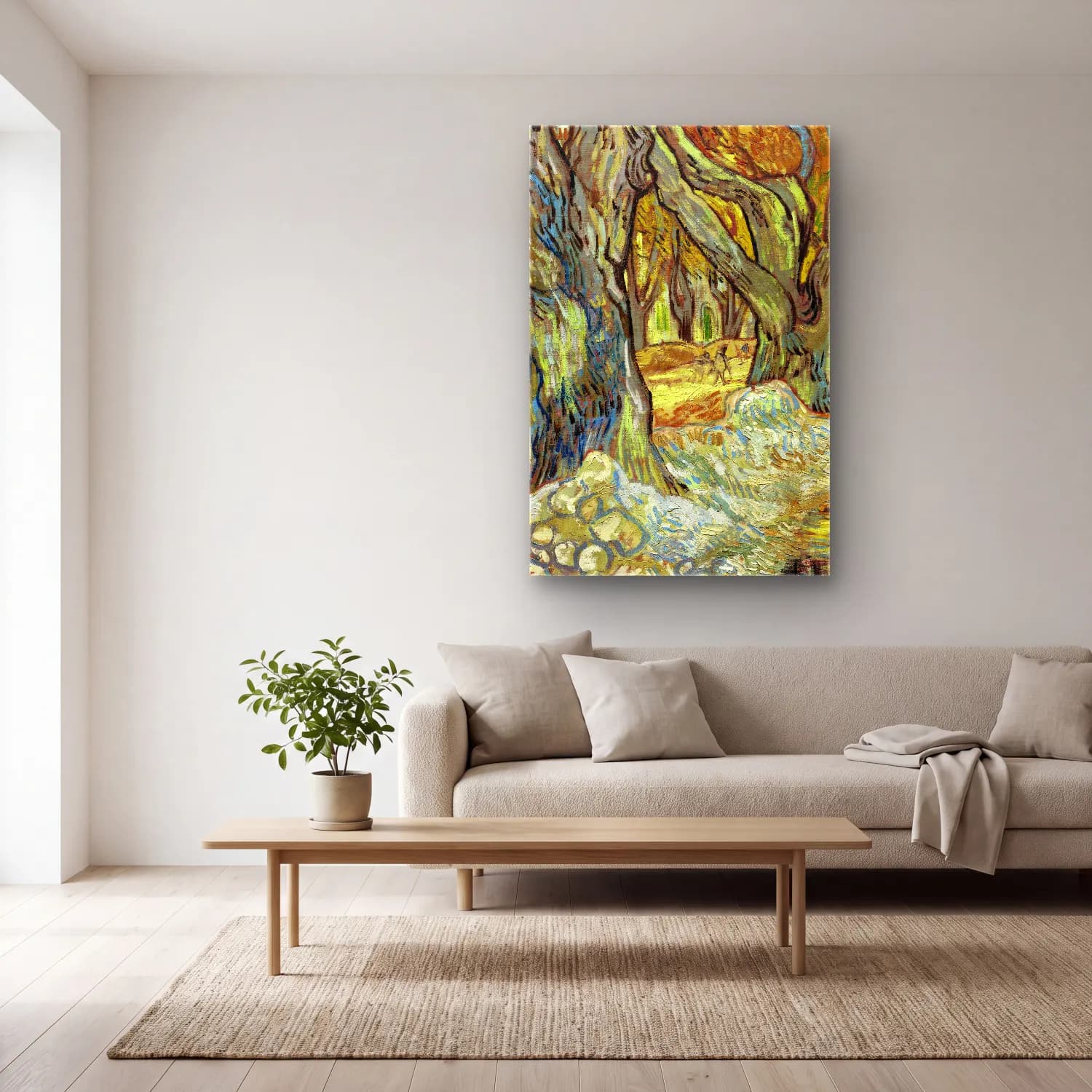 Vincent van Gogh – The Large Plane Trees (Road Menders at Saint-Rémy) cam tablo — açık renk salonda