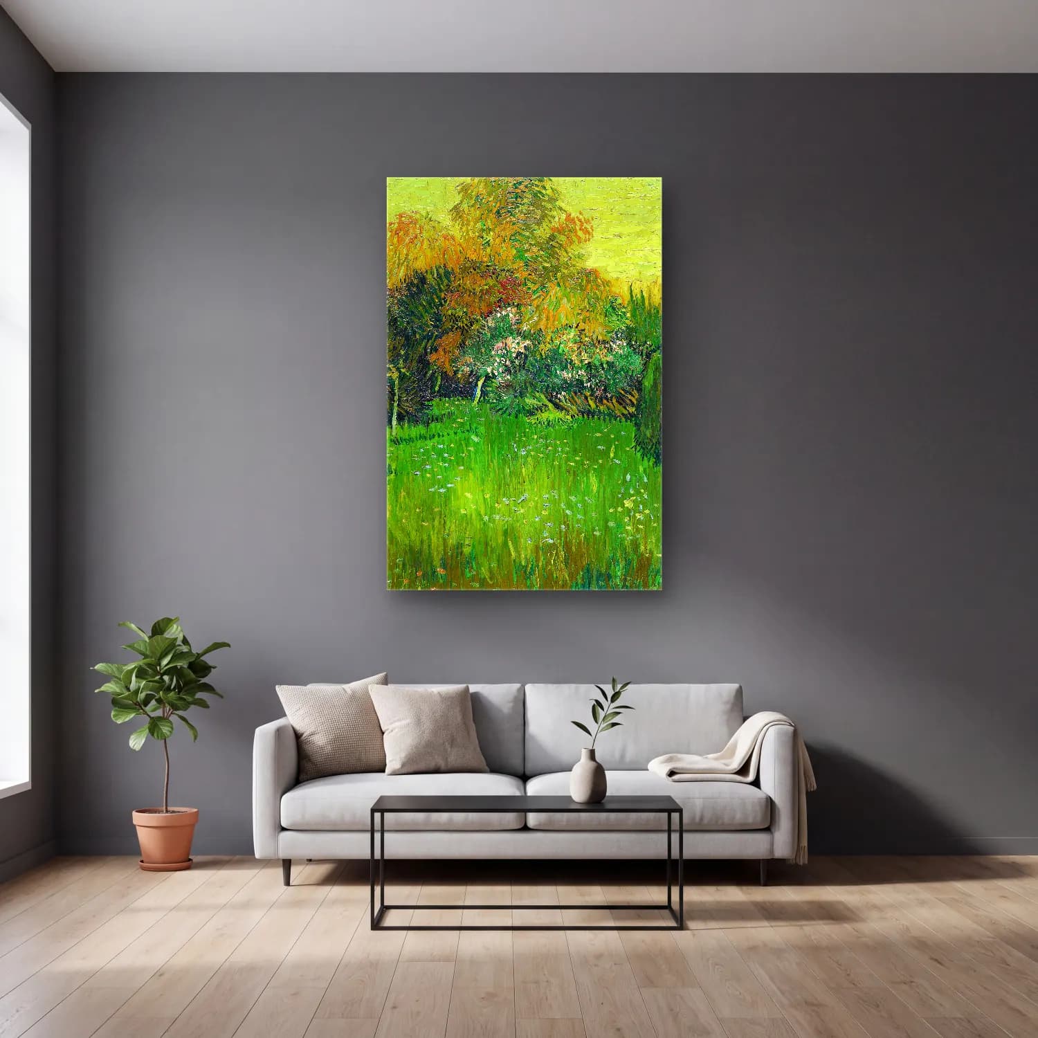 Vincent van Gogh – The Poet s Garden cam tablo — gri duvarlı salonda