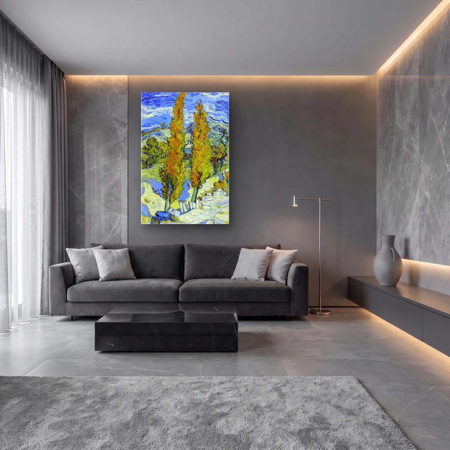 Vincent van Gogh – The Poplars at Saint-Rémy cam tablo — lüks salon duvarında