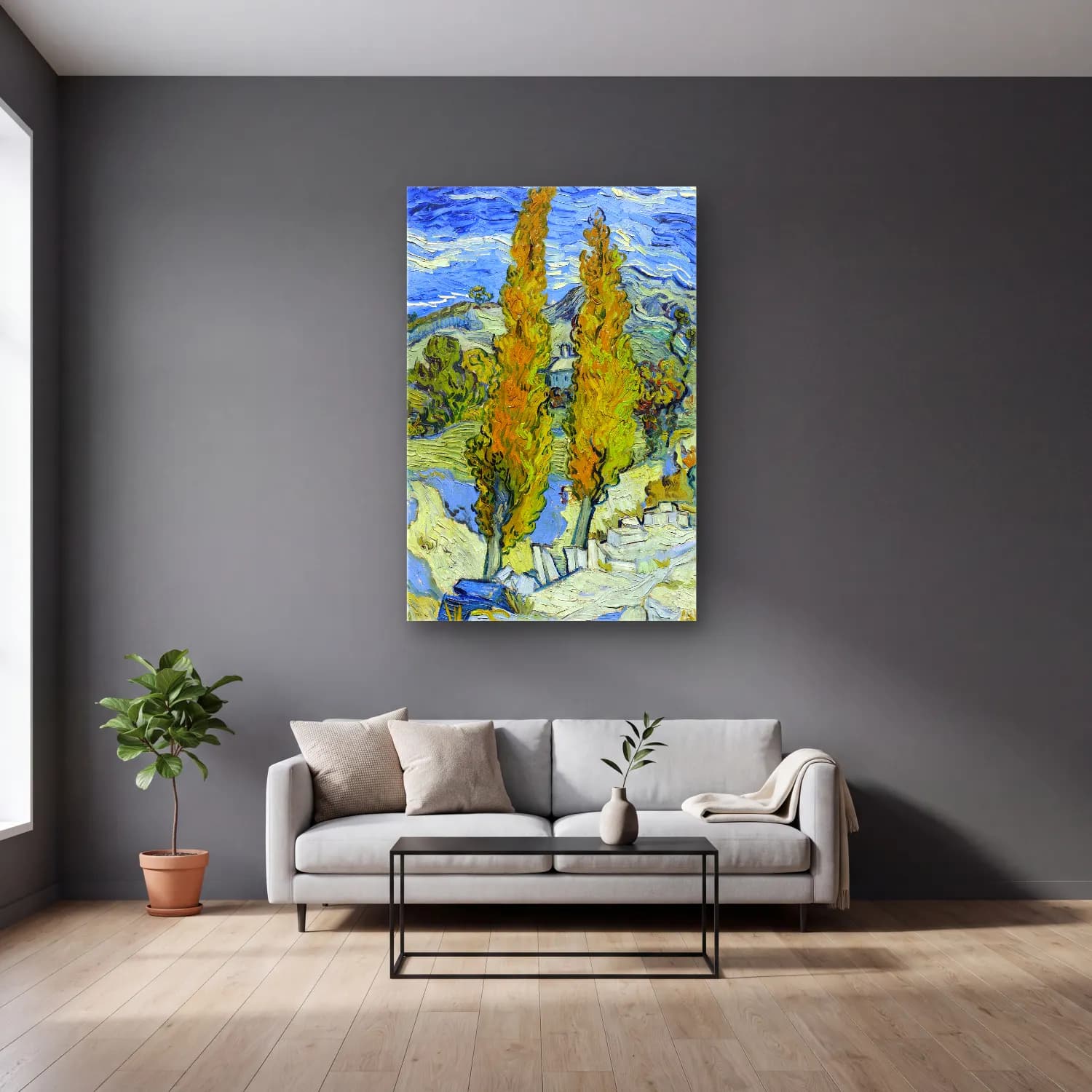 Vincent van Gogh – The Poplars at Saint-Rémy cam tablo — gri duvarlı salonda