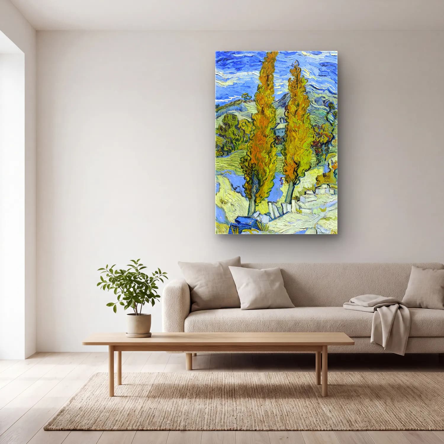 Vincent van Gogh – The Poplars at Saint-Rémy cam tablo — açık renk salonda