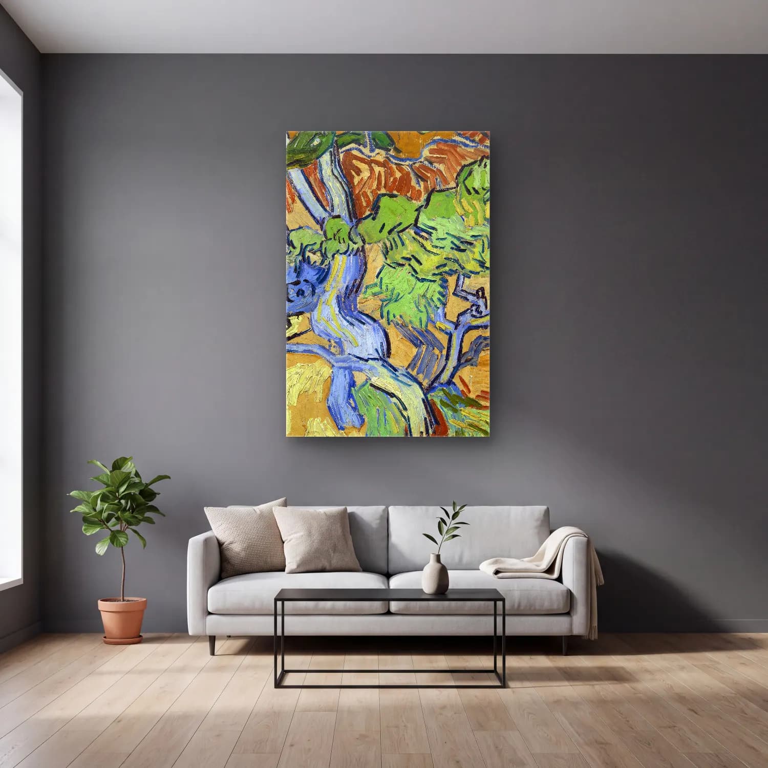 Vincent van Gogh – Tree Roots cam tablo — gri duvarlı salonda