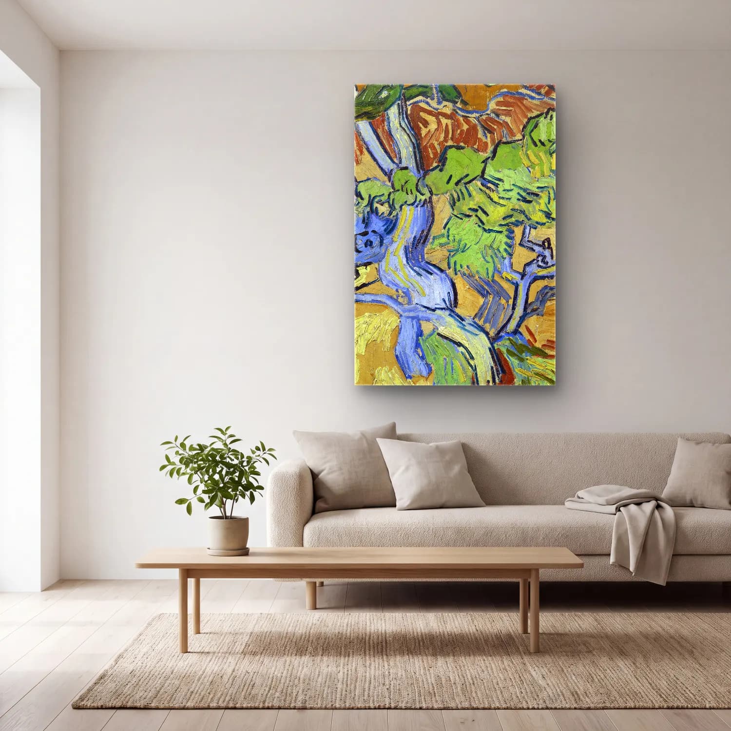 Vincent van Gogh – Tree Roots cam tablo — açık renk salonda