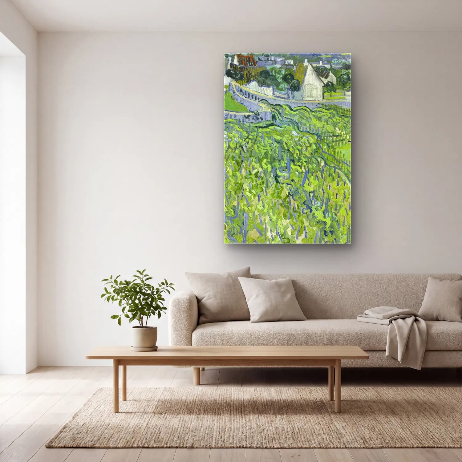 Vincent van Gogh – Vineyards at Auvers cam tablo — açık renk salonda