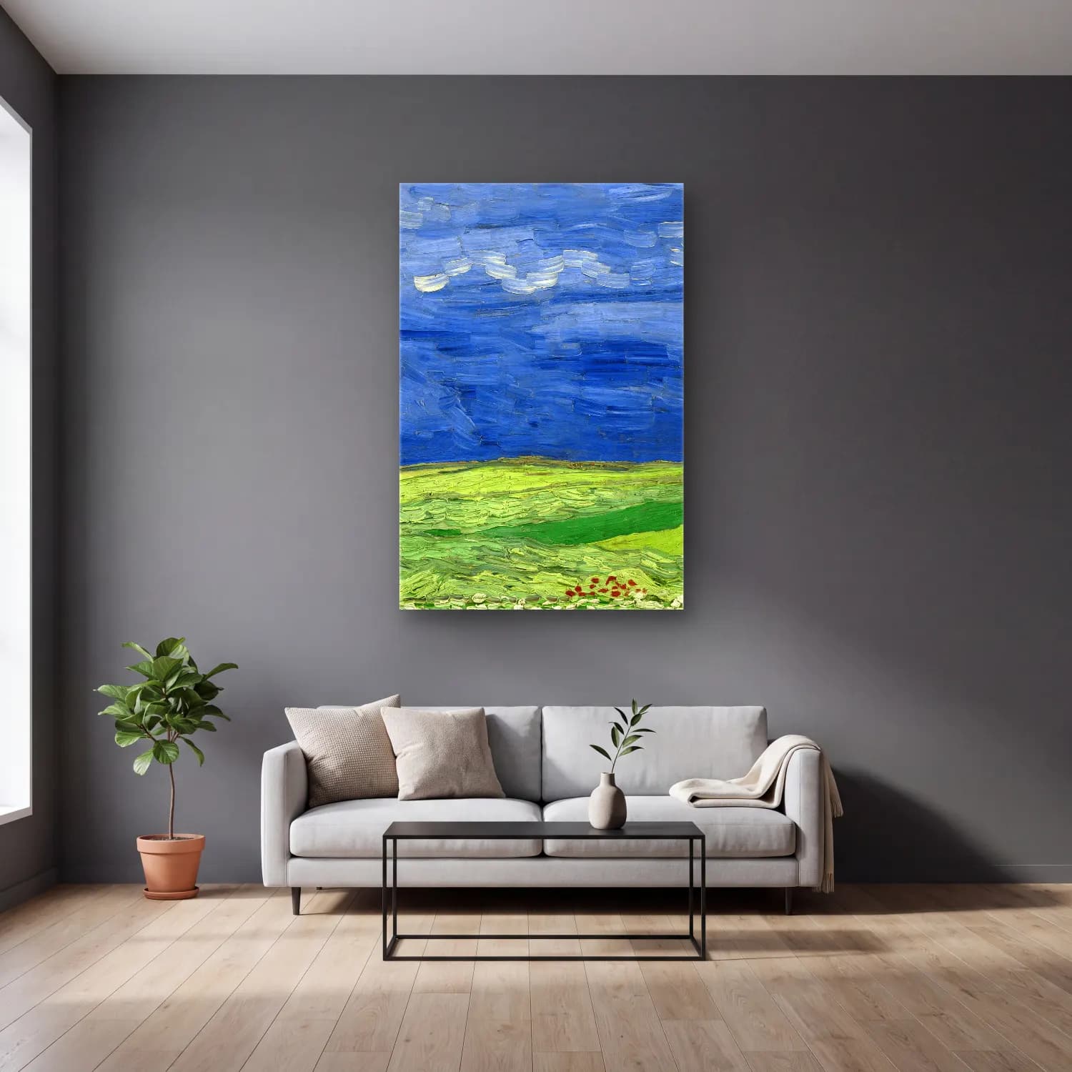Vincent van Gogh – Wheatfield under thunderclouds cam tablo — gri duvarlı salonda