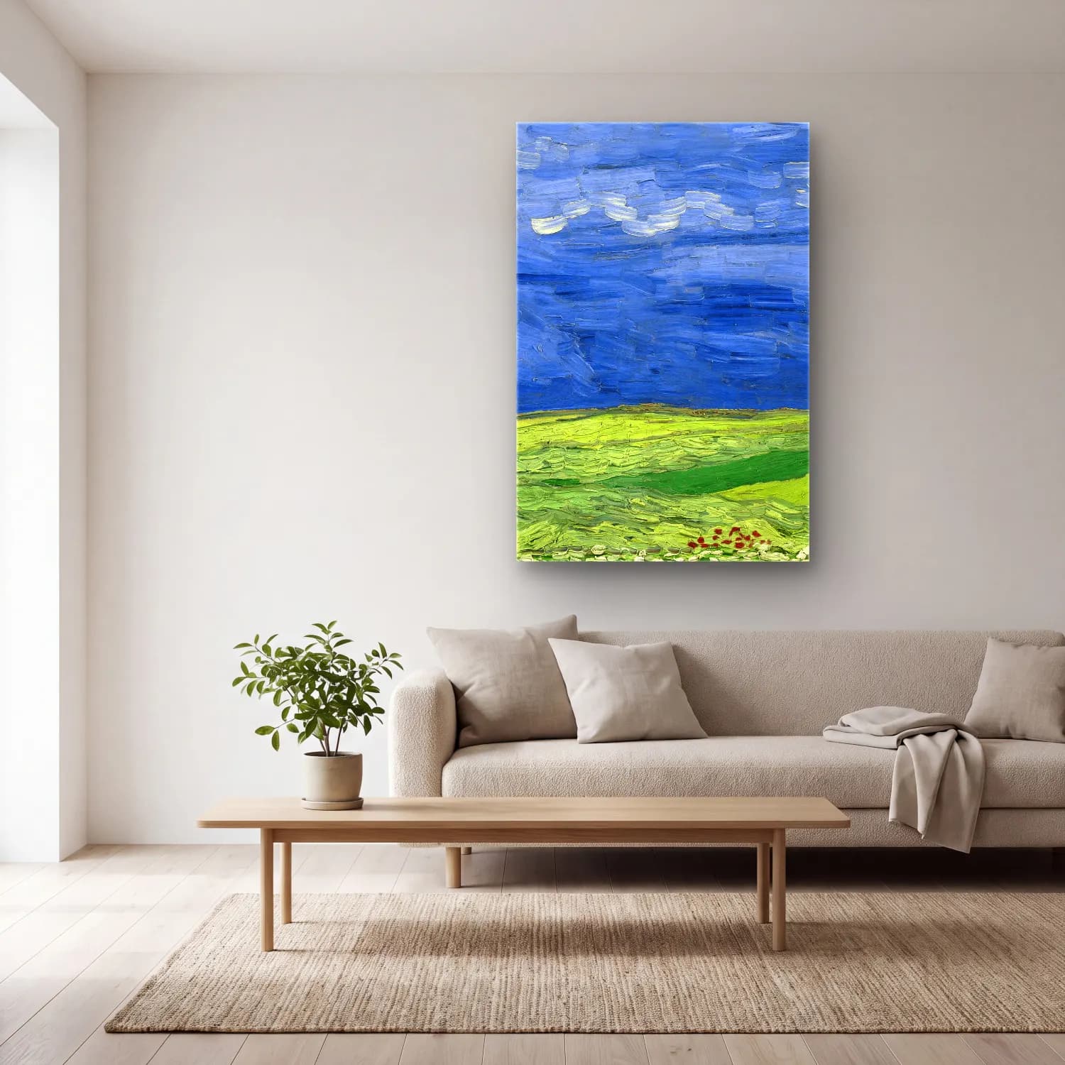 Vincent van Gogh – Wheatfield under thunderclouds cam tablo — açık renk salonda