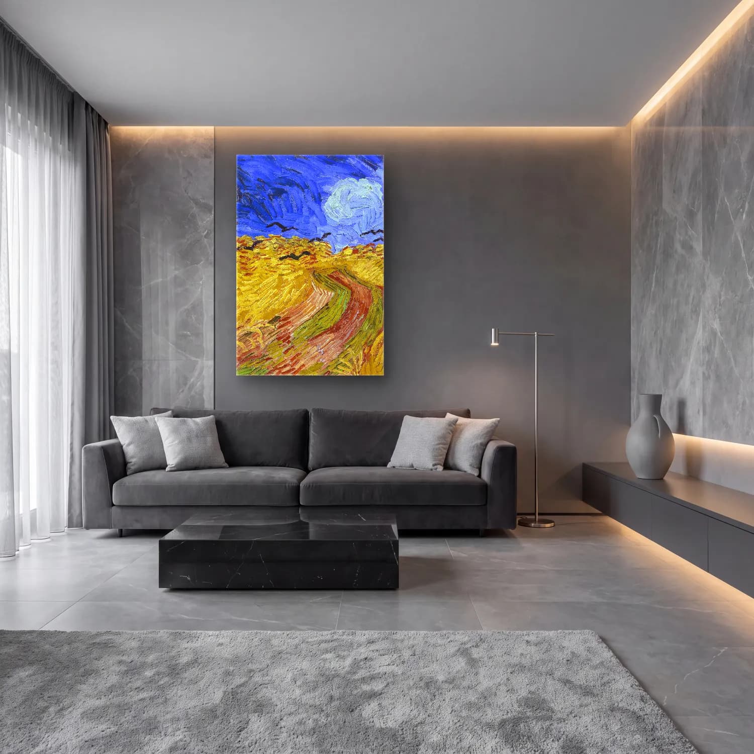 Vincent van Gogh – Wheatfield with Crows cam tablo — lüks salon duvarında