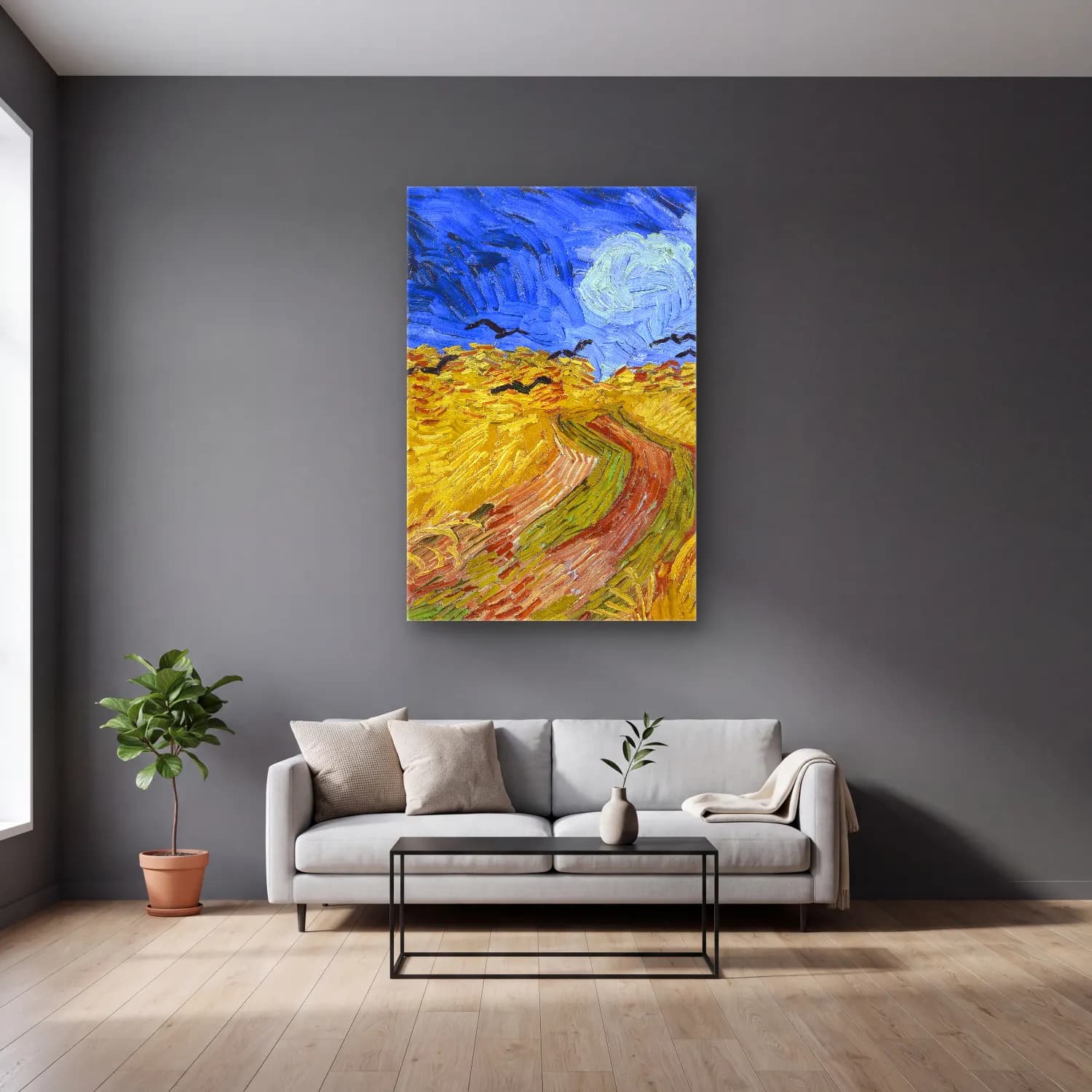 Vincent van Gogh – Wheatfield with Crows cam tablo — gri duvarlı salonda