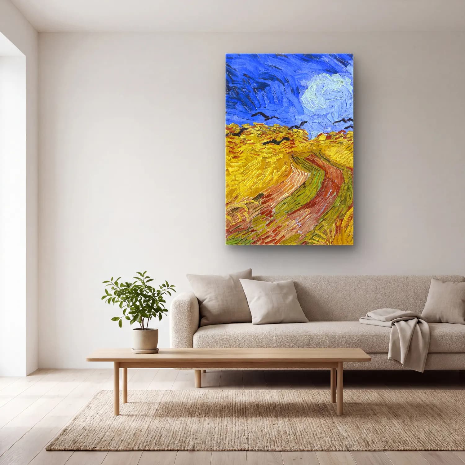 Vincent van Gogh – Wheatfield with Crows cam tablo — açık renk salonda