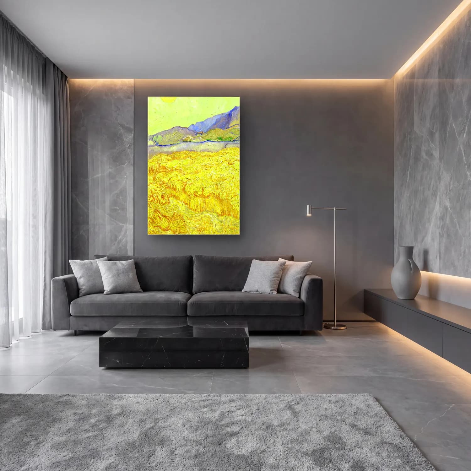 Vincent van Gogh – Wheatfield with a reaper cam tablo — lüks salon duvarında
