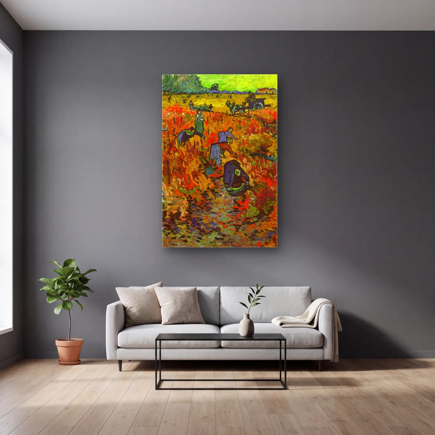 Vincent van Gogh – he Red Vineyard cam tablo — gri duvarlı salonda