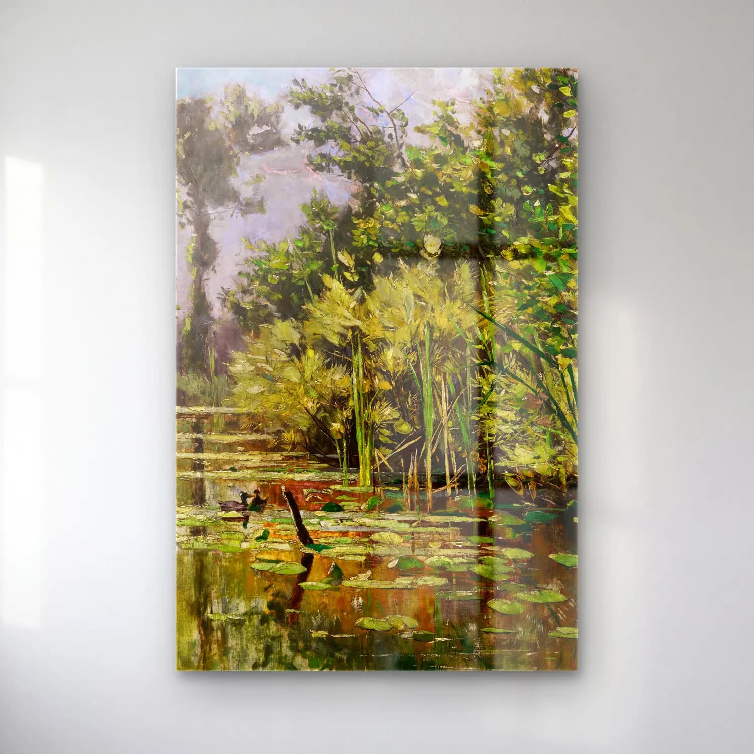 Karl Hagemeister – Altwasser mit Enten – Herbst – Yeşil Tonlar cam tablo — Karl Hagemeister – Altwasser mit Enten – Herbst – Yeşil Tonlar — empresyonist nilüfer göleti