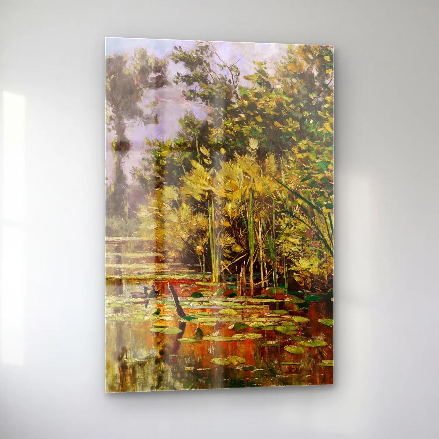 Karl Hagemeister – Altwasser mit Enten – Herbst – Yeşil Tonlar cam tablo — sol açıdan görünüm