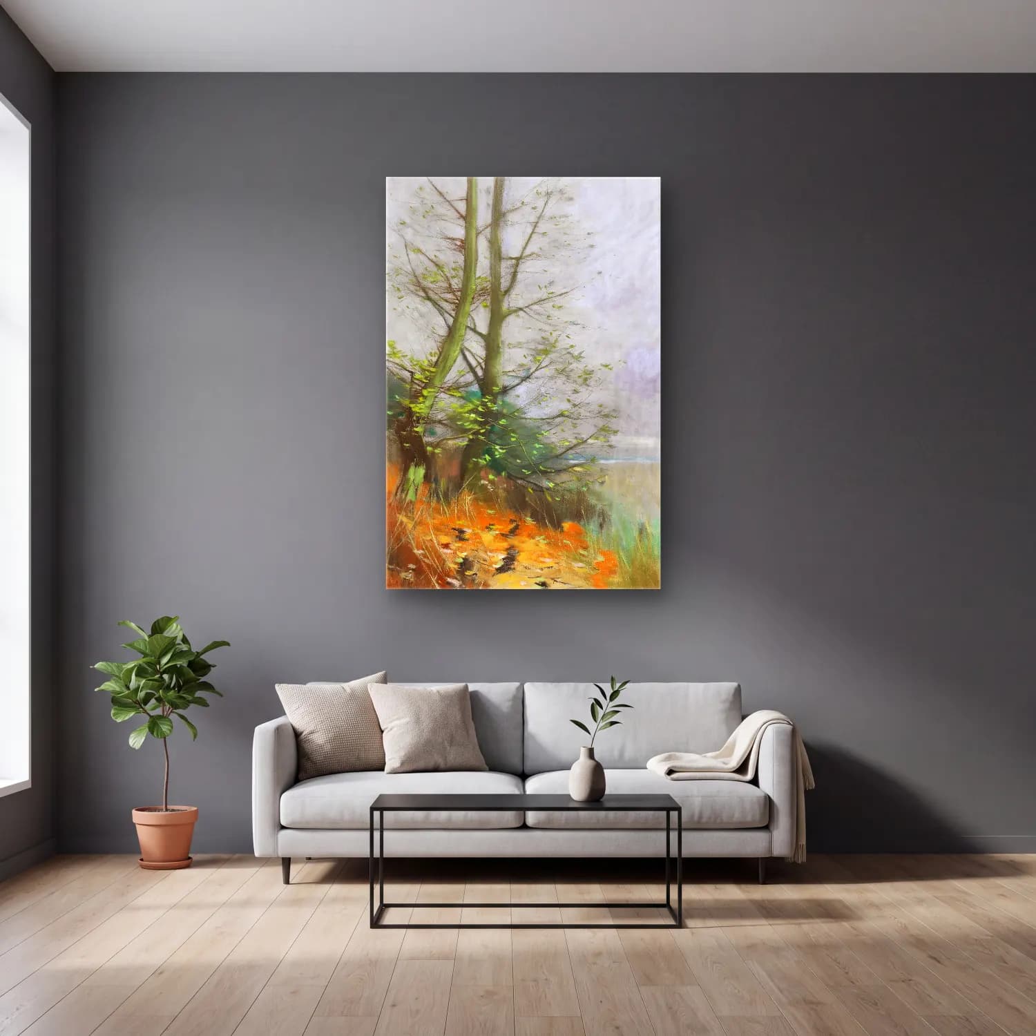 Karl Hagemeister – Herbst – Pastel Tonlar cam tablo — gri duvarlı salonda