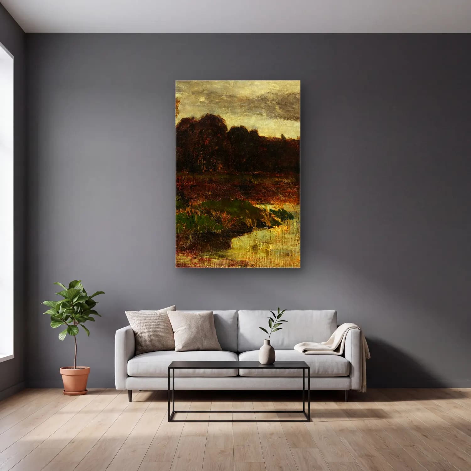 Karl Hagemeister – Märkische Landschaft cam tablo — gri duvarlı salonda