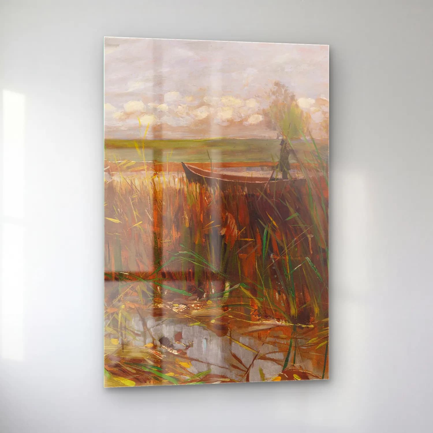Karl Hagemeister – Märkische Seenlandschaft mit Entenjäger im Kahn stehend cam tablo — sol açıdan görünüm