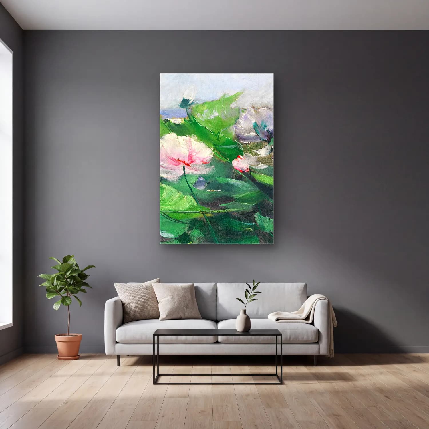 Karl Hagemeister – Wasserrosen – Pastel Tonlar cam tablo — gri duvarlı salonda