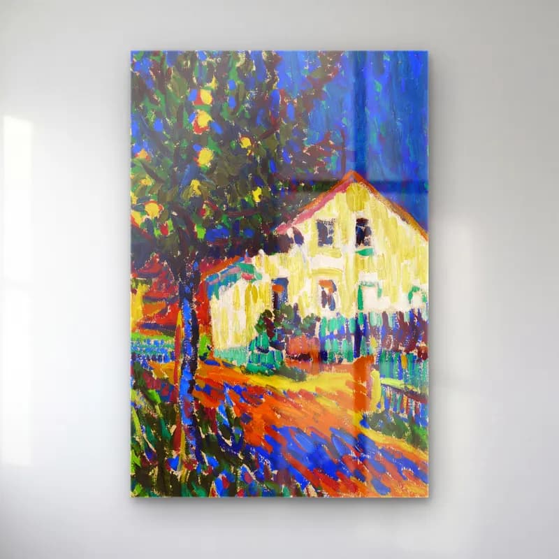 Ernst Ludwig Kirchner – Dorfstraße mit Apfelbäumen – Sarı Tonlar cam tablo — Ernst Ludwig Kirchner – Dorfstraße mit Apfelbäumen – Sarı Tonlar — empresyonist kır evi