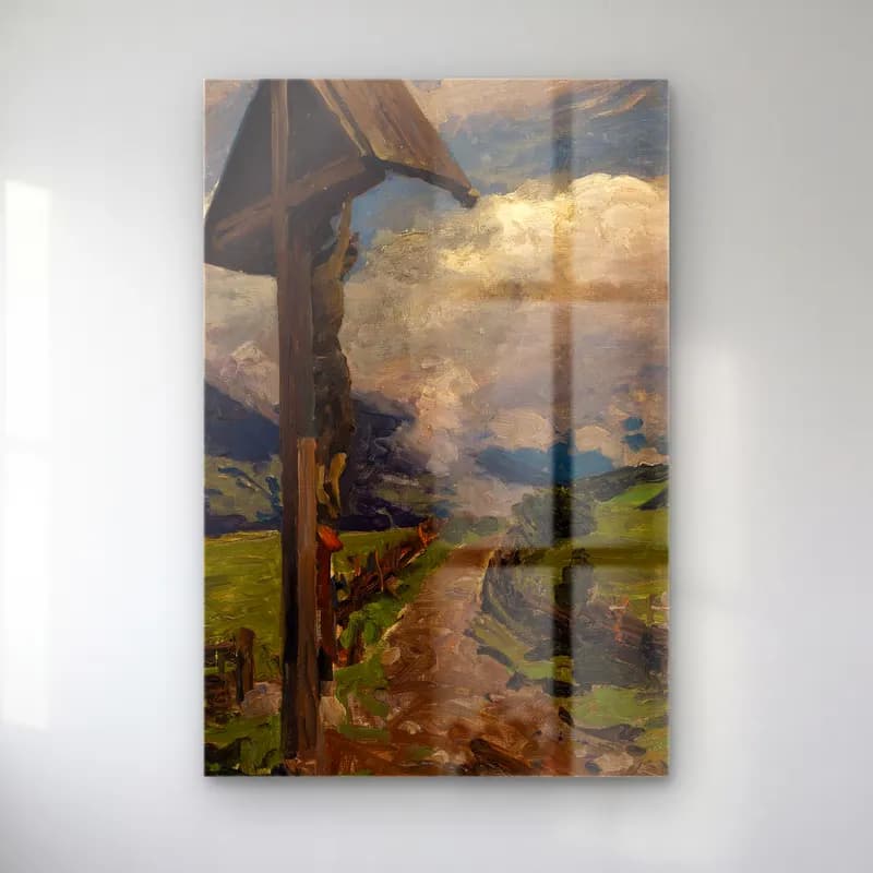 Alexander Koester – A Wayside Shrine – Yeşil Tonlar cam tablo — Alexander Koester – A Wayside Shrine – Yeşil Tonlar — empresyonist dağ manzarası