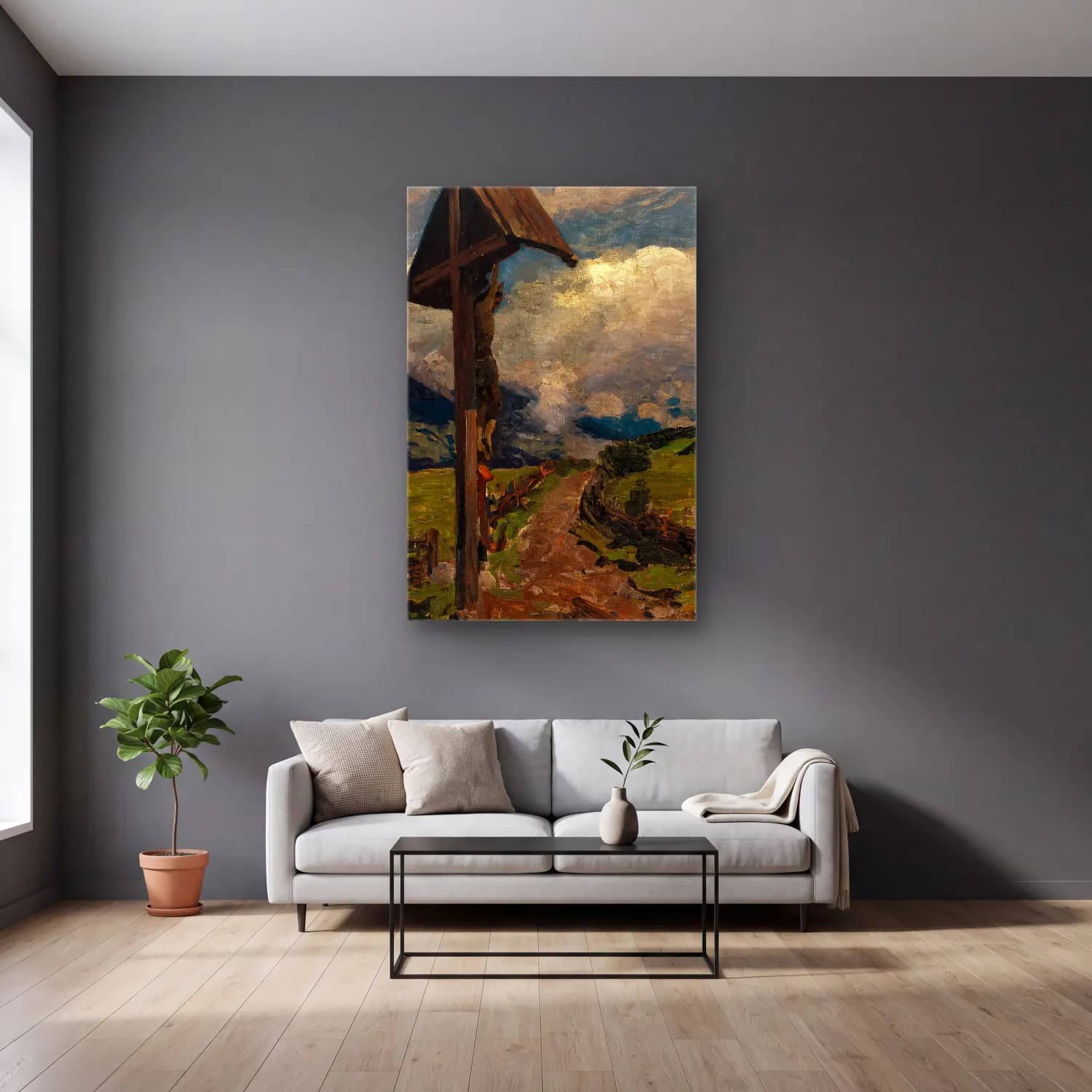 Alexander Koester – A Wayside Shrine – Yeşil Tonlar cam tablo — gri duvarlı salonda