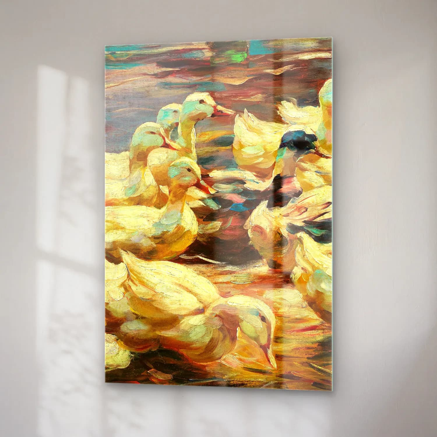 Alexander Koester – Ducks Getting Out of the Water – Turkuaz Tonlar cam tablo — sağ açıdan görünüm