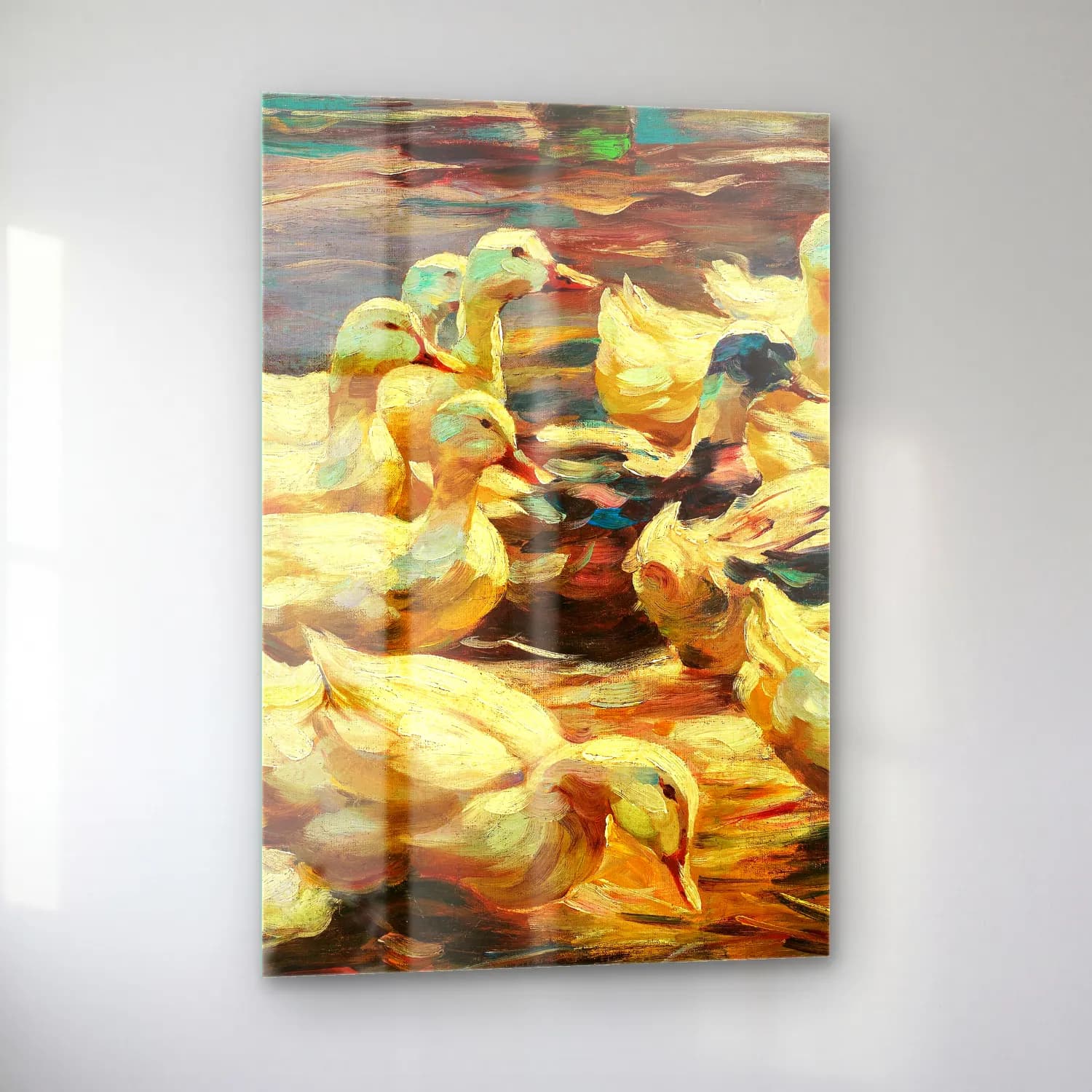 Alexander Koester – Ducks Getting Out of the Water – Turkuaz Tonlar cam tablo — sol açıdan görünüm