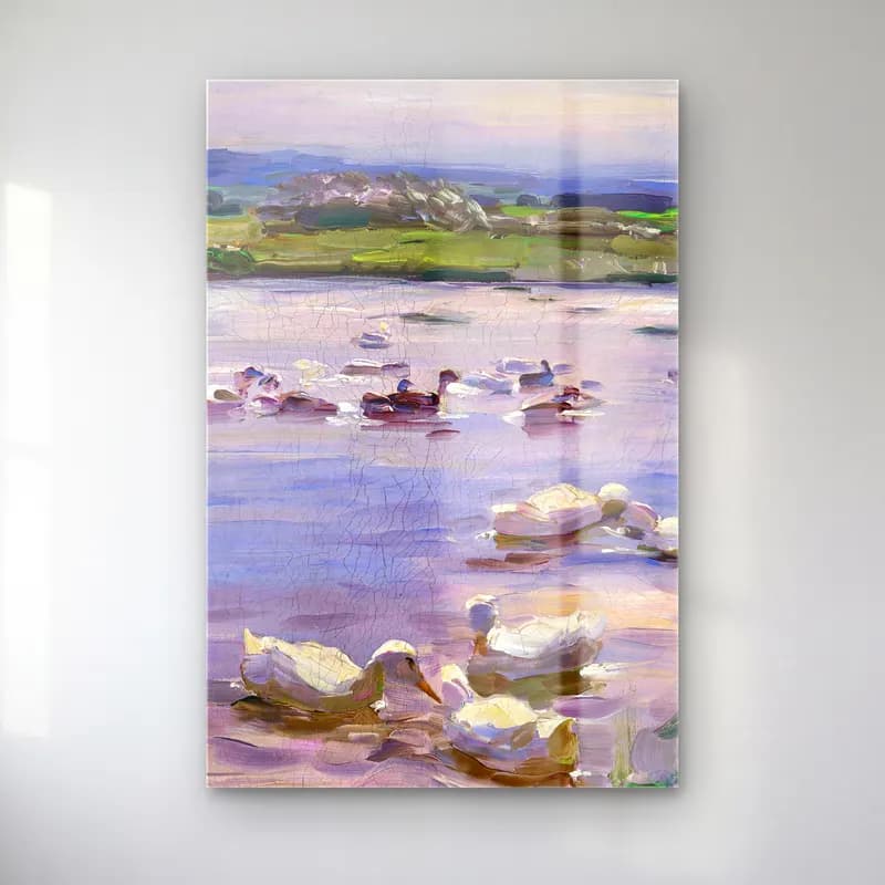 Alexander Koester – Ducks on the Lakeside – Mor Tonlar cam tablo — Alexander Koester – Ducks on the Lakeside – Mor Tonlar — empresyonist ördekler