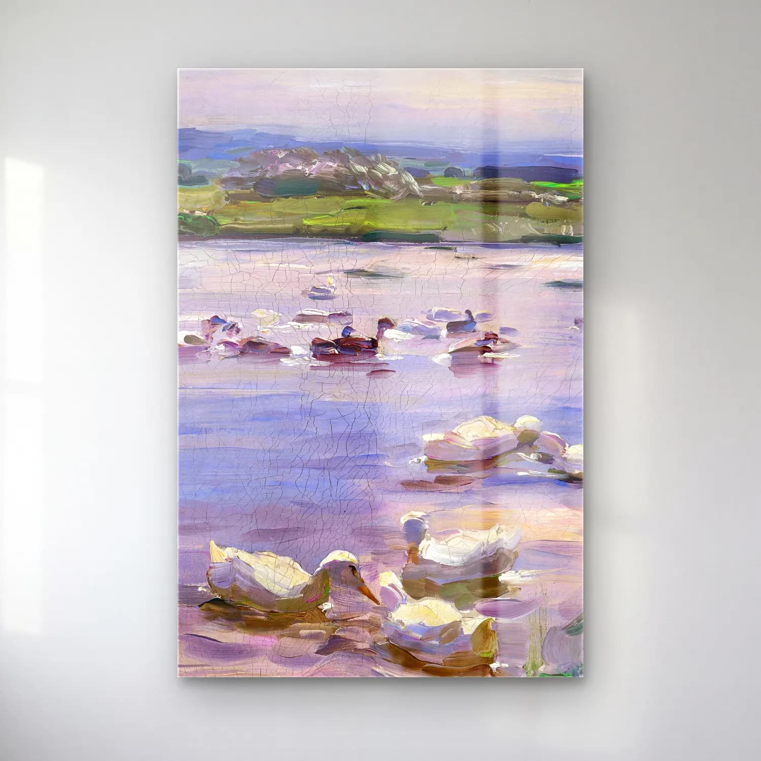Alexander Koester – Ducks on the Lakeside – Mor Tonlar cam tablo — Alexander Koester – Ducks on the Lakeside – Mor Tonlar — empresyonist ördekler